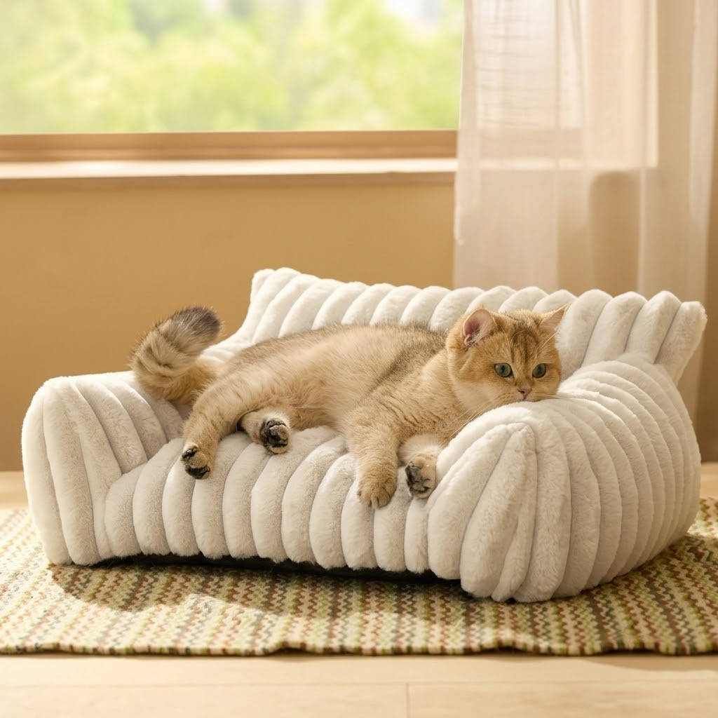 Luxurious Faux Rabbit Fur Plush Pet Sofa Bed with Bolster Sides, Removable Washable Cover and Deep Cushion for Cats and Small Dogs Seeking Ultimate