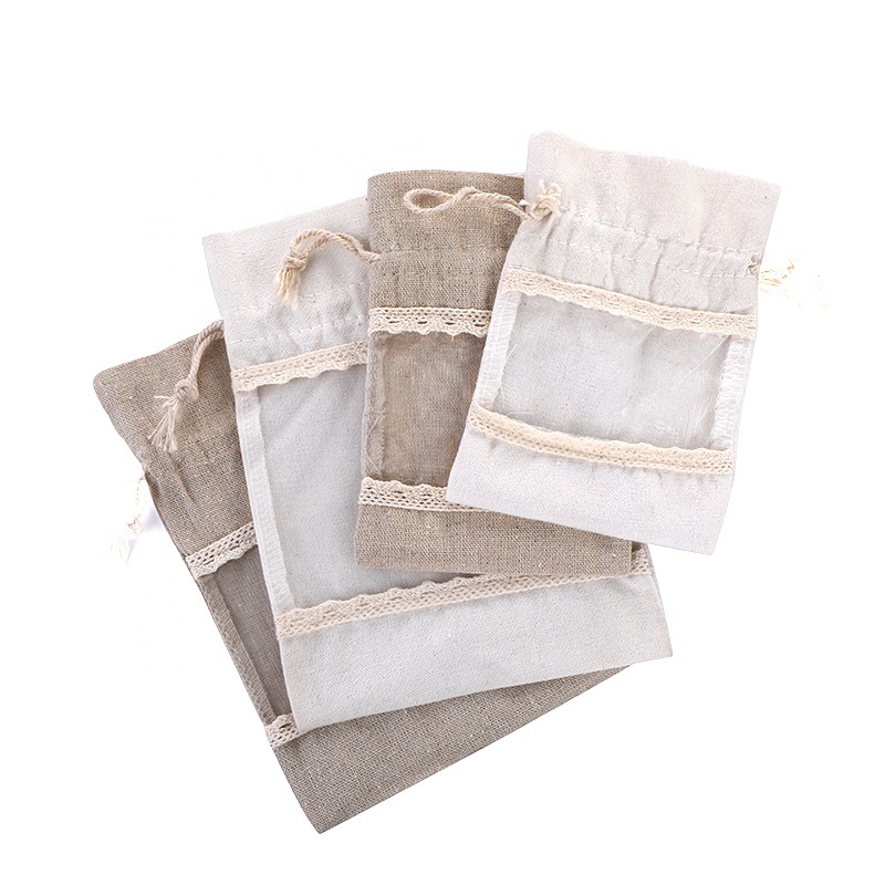 White 10 Pack Linen Canvas Drawstring Gift Bags with Lace Trim and Mesh Window 13x18cm Versatile Pouches for Wedding Favours and Home Storage in Australia โ image 4