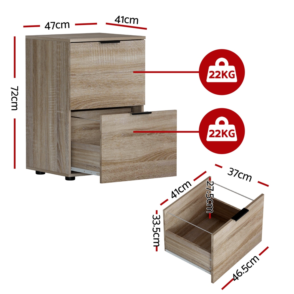 Artiss Filing Cabinet Files Storage Office Shelves File Organiser Oak 2 Drawer — image 2