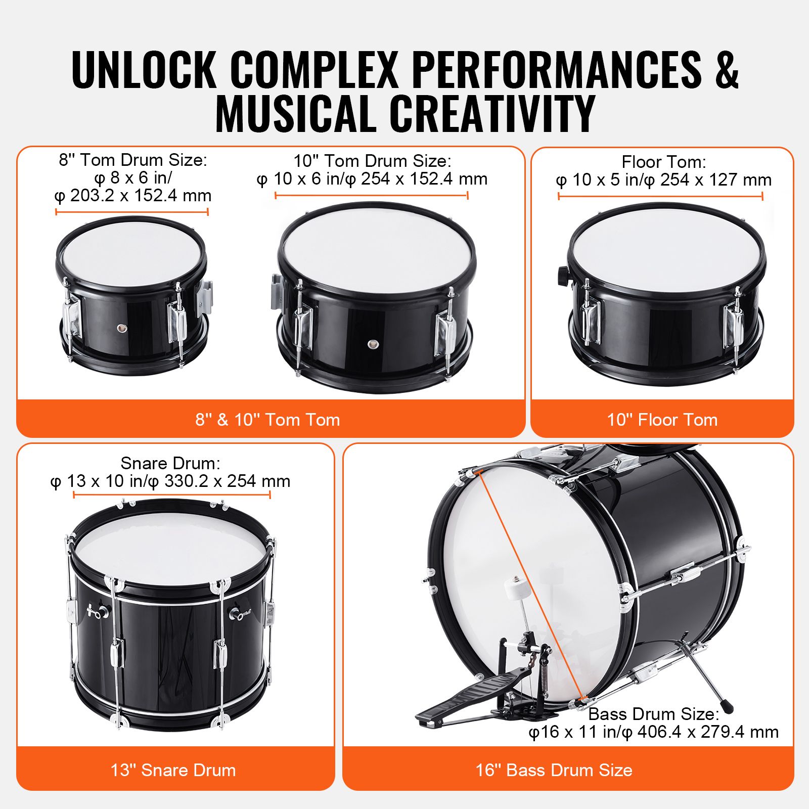 Kids Drum Set, 5-Piece, 406.4 mm Beginner Full Drum Set with Bass Toms Snare Floor Drum Adjustable Throne Cymbal Hi-Hat Pedal and Two Pairs of Drumsticks — image 3