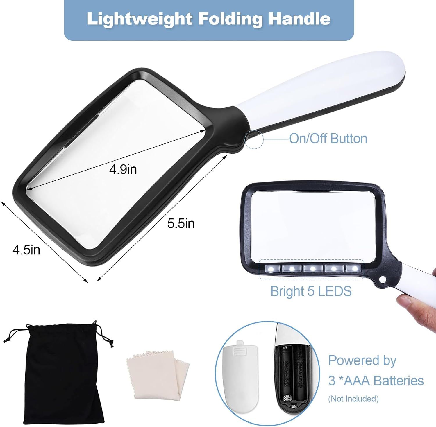 olding Handheld Magniying Glass with Light, 3X Large Rectangle Reading Magniier with Dimmable LED or Macular Degeneration Seniors Reading Inspection Coins — image 2