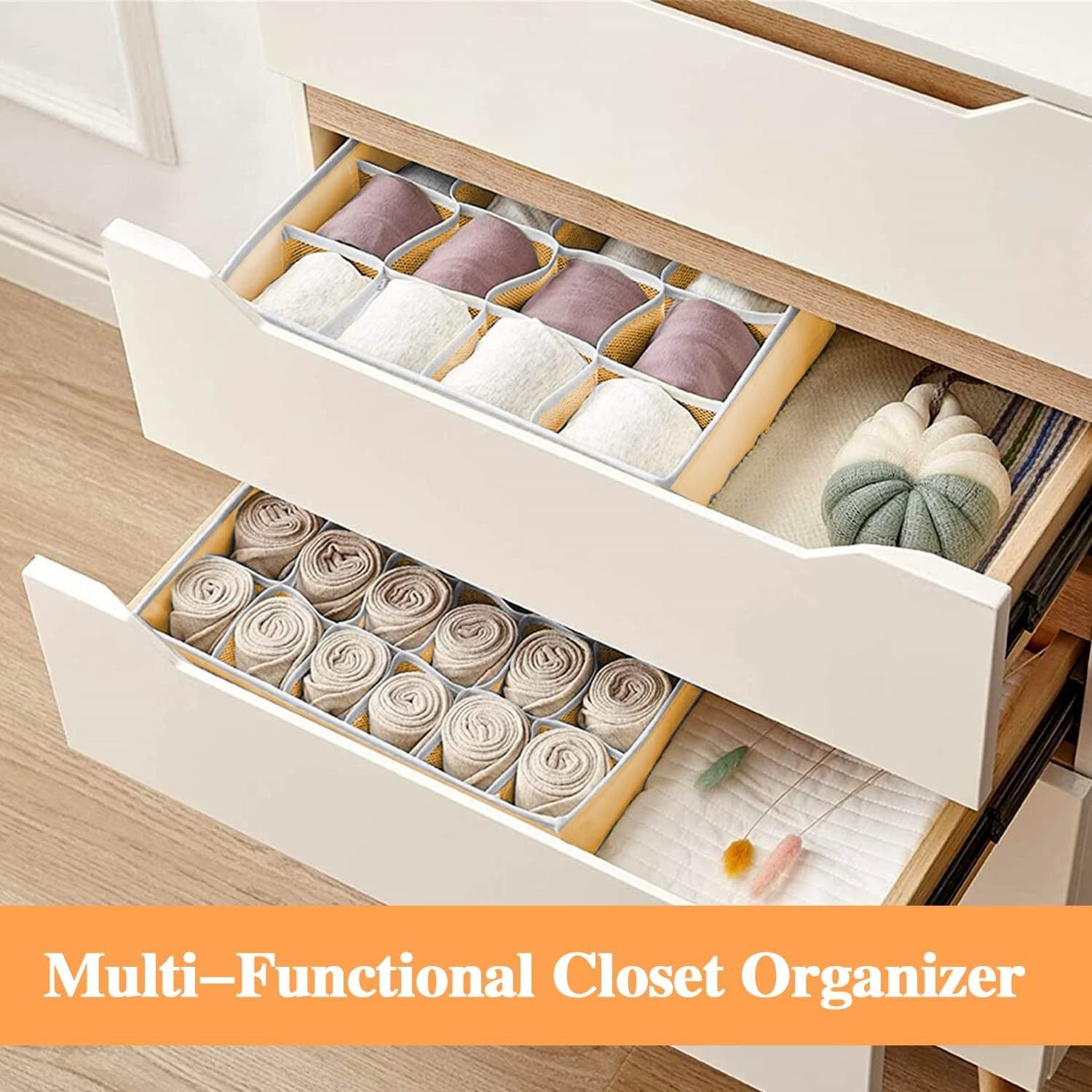 Set of 2 Fabric Drawer Organizer Divider Storage Boxes for Storing Socks, Underwear, Ties, Scarves (Beige) โ image 5