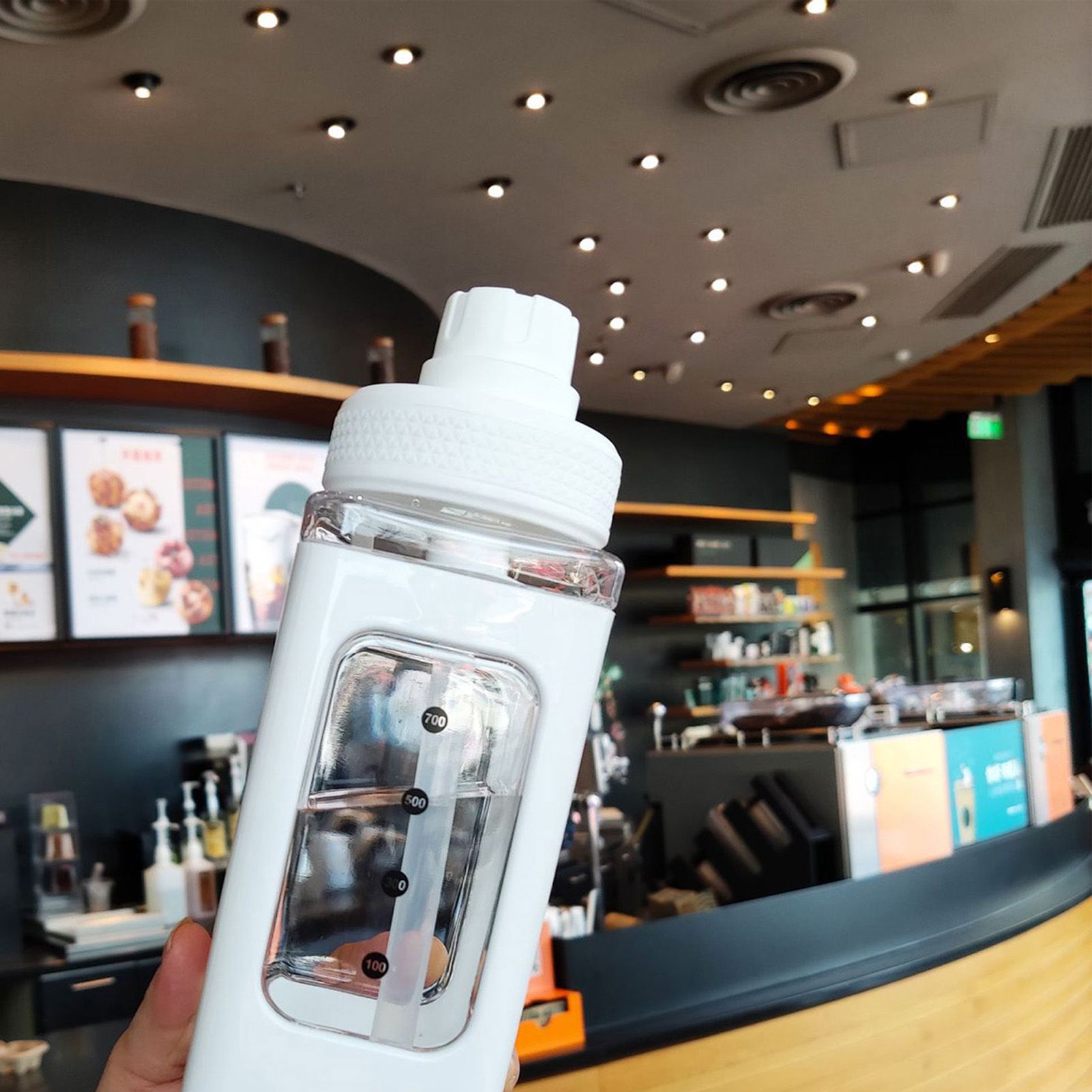 Straw Water Bottle with Marker 700ml Large Capacity Double Layer Water Jug for Home Gym School White — image 4