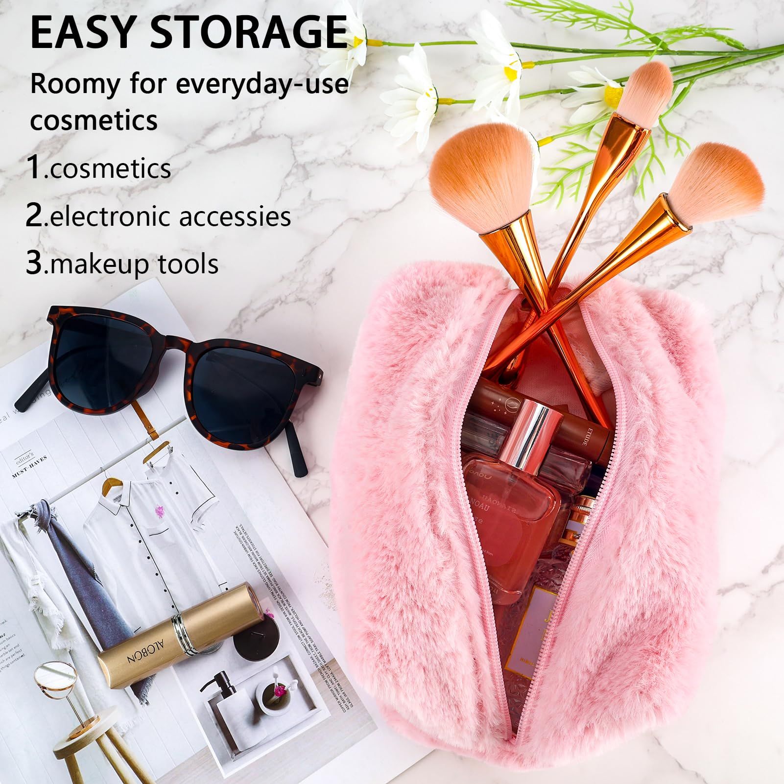 Makeup Bag for Women Medium Travel Cosmetic Bag Cute Plush Pink Makeup Pouch for Purse Zipper Toiletry Bag Organizer Cute — image 2