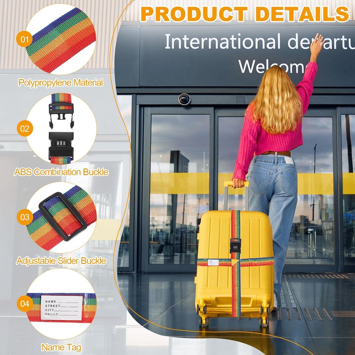 Cross-shaped luggage straps - with combination lock and name tag - adjustable travel straps for suitcases/briefcases/backpacks - rainbow colors - set of 2 — image 4