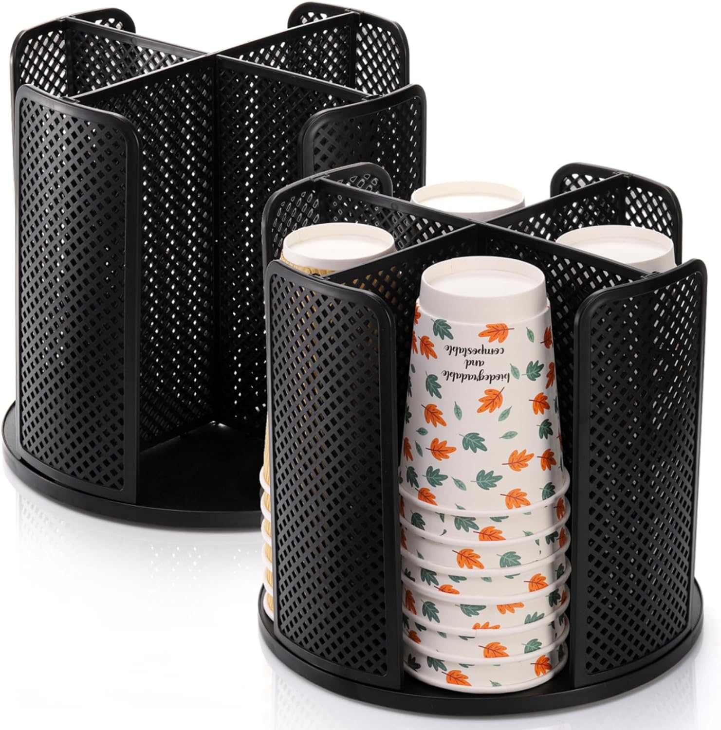 2 Pack Coffee Cup Dispenser, Rotatable 4 Compartment and Lid Holder, Plastic Paper Storage Organizer for Office Restaurant Breakroom Station Bar Buffet Kitchen