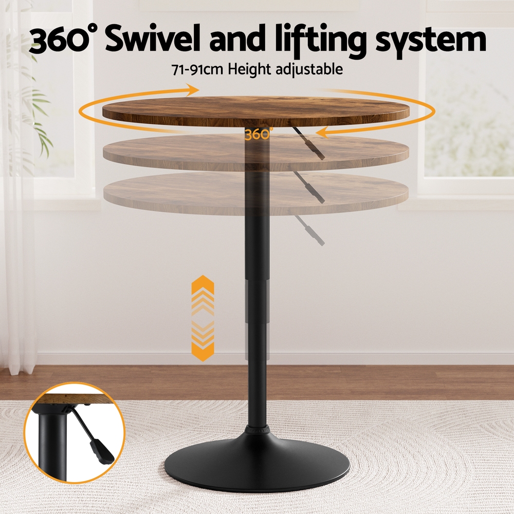 Artiss Height Adjustable Bar Table 360 Swivel Round Gaslift Design 60cm Rustic Brown Black — image 4