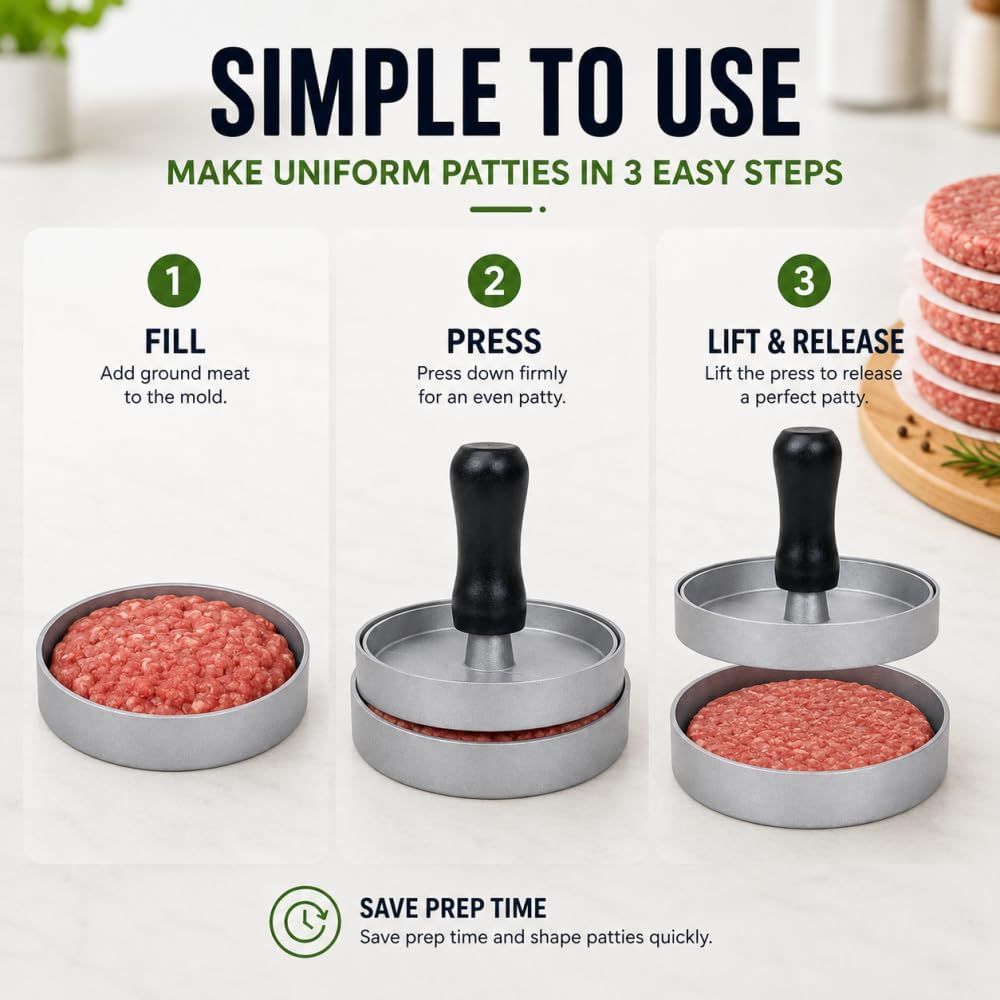 Aluminum Wooden Handle Hamburger Press - 170g Meat Patty Maker with Non-Stick Surface - Burger Press for Kitchen BBQ - Red Wood Handle Matte โ image 3