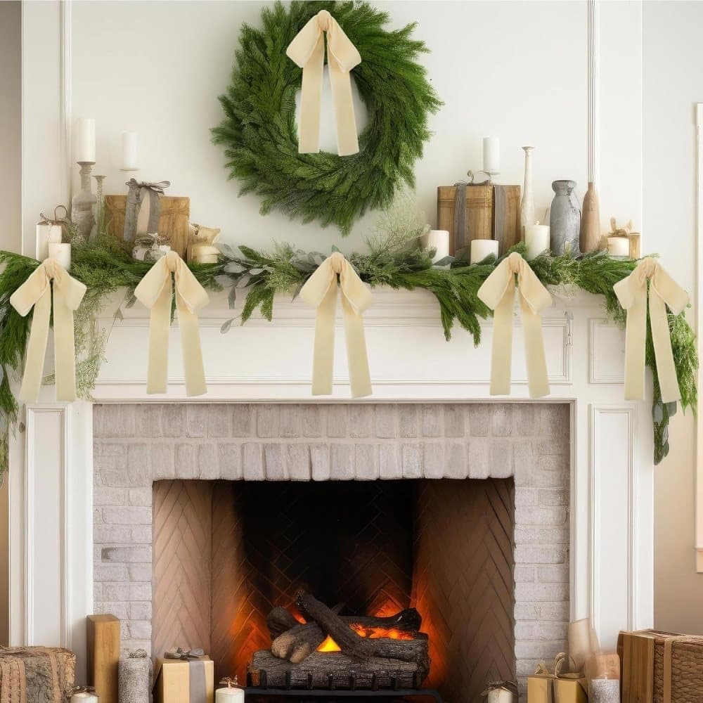 12 Christmas Bows Velvet Tree Decorations in Beige, 6-inch — image 4