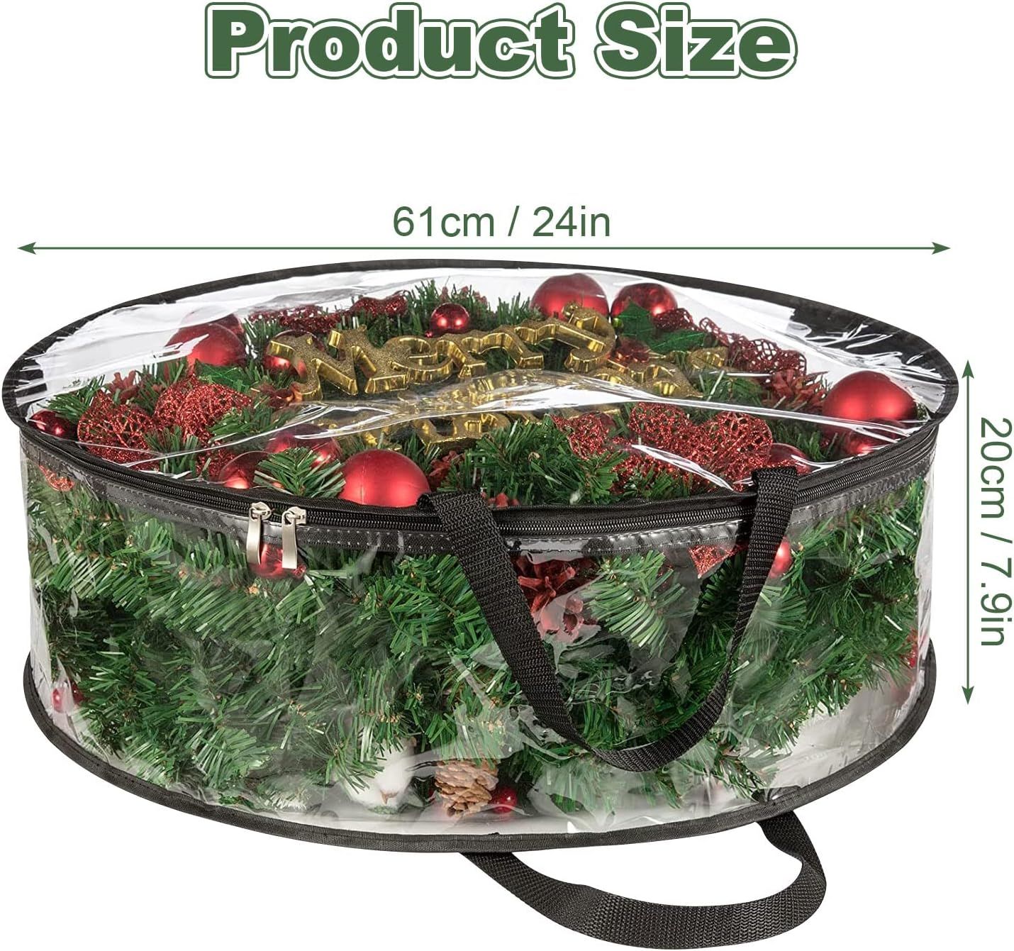 4 PCS Clear Wreath Storage Bag, 24x8 Inch Christmas Wreath Storage Container, Heavy Duty PVC Wreath Protector with Handle (Black)