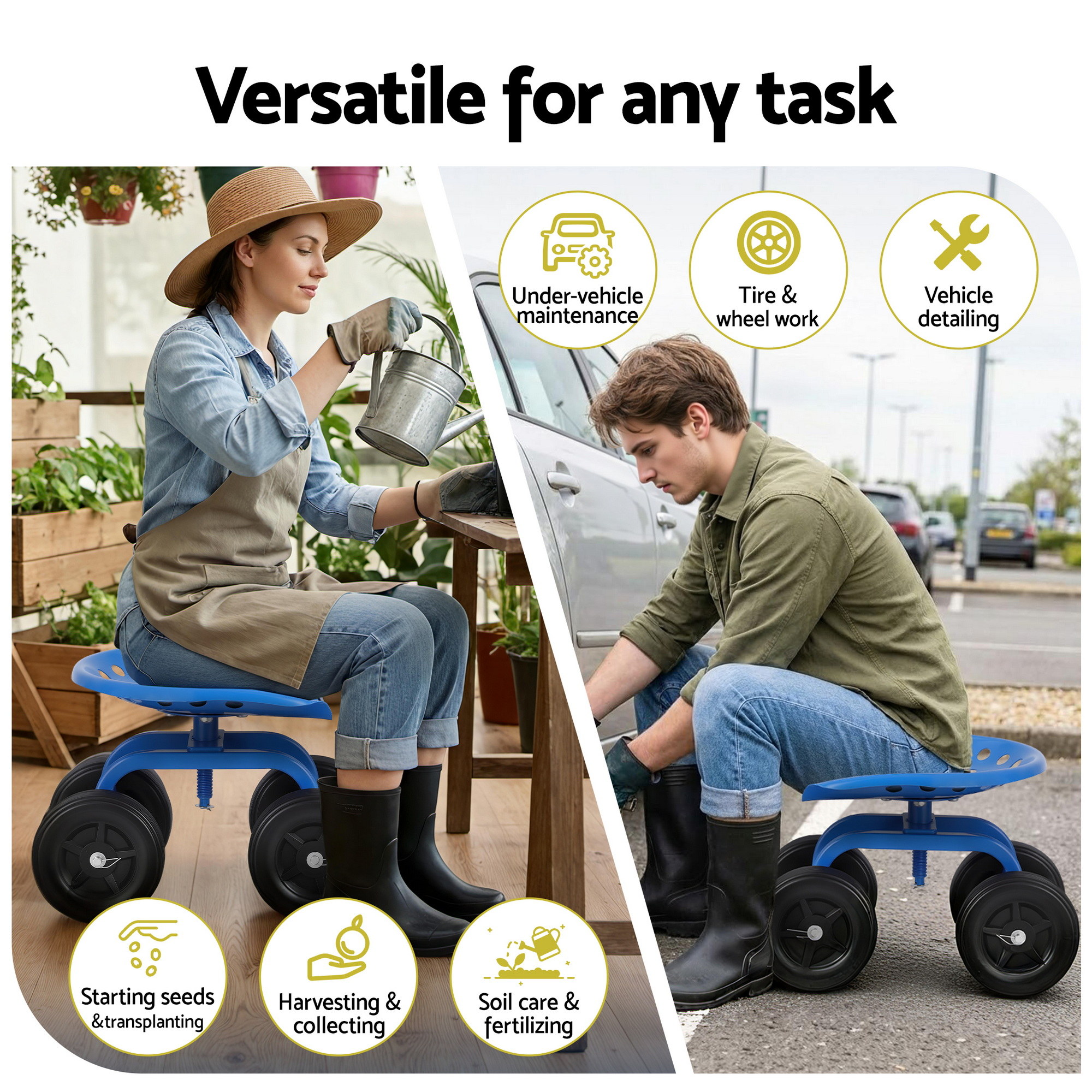 Gardeon Garden Seat 360 Swivel Rolling Adjustable Height Work Scooter Cart Wheels Heavy Duty 150kg — image 2