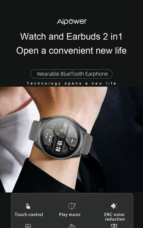 2-in-1 Smartwatch /Earphones & Charging Dock | 4GB MP3, Health Tracker | Titanium Grey | World’s First Patented — image 2