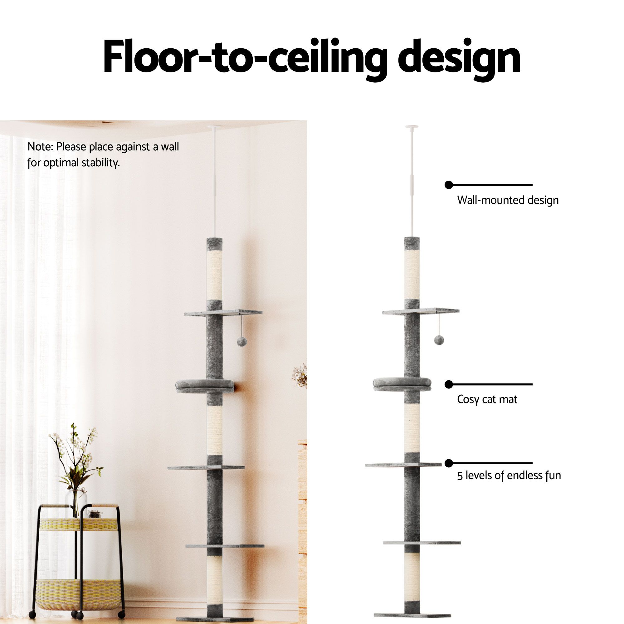 i. Pet Cat Tree 290cm Tower Scratching Post Scratcher Floor to Ceiling Cats Bed — image 4