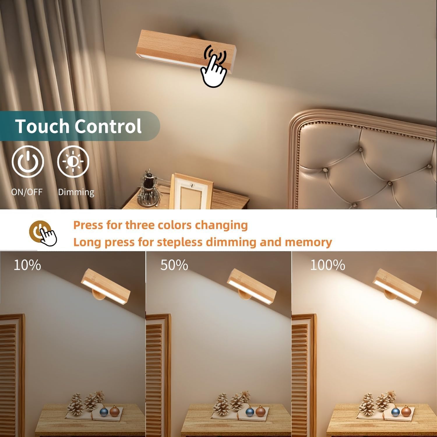 Indoor wall lamp - Wooden LED wall lamp with wireless charging - Bedroom wall lamp - 360° rotating touchscreen dimmable light - Drill-free installation — image 6