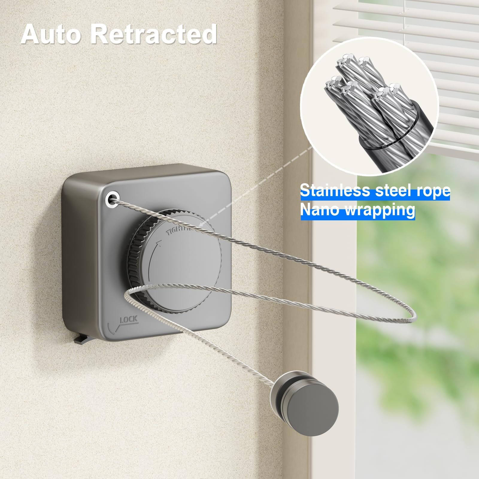Retractable Clothesline, Outdoor Clothes Line Retracting Heavy Duty Clothes Drying Laundry Stainless Steel Line-15.1 ft(Grey) — image 2