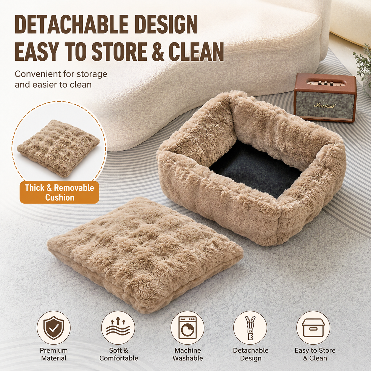 Brown Bubble Plush Pet Sofa Bed with Removable Cushion M Size 70*55*23 cm โ Ultra-Soft Winter Thickened Warm Pet Nest with Raised Bolster Edges, Washable Plush โ image 4