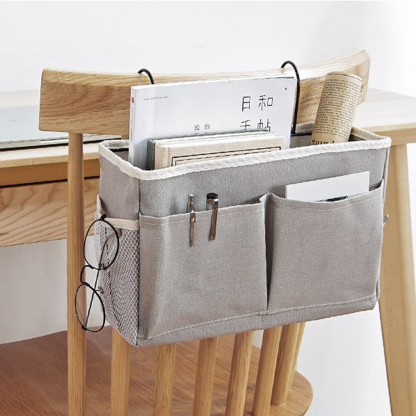 Bedside Caddy Storage Organizer with Metal Hooks, Multi-Pocket Linen Hanging Bed Caddy for Dorm Bunk Beds, Sofas—White — image 4