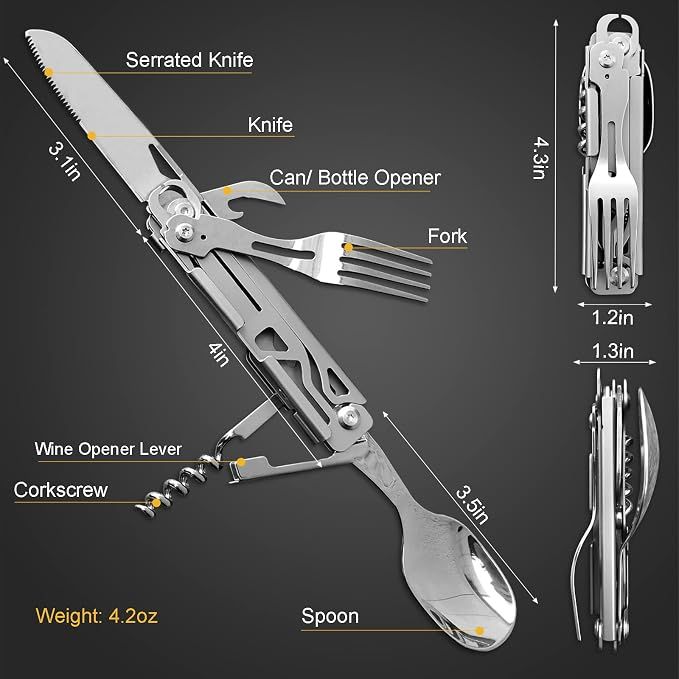 6 in 1 Detachable Camping Utensils Flatware Set, Multifunction Travel Pocket Cutlery Folding Spoon, Fork, Knife, Wine Bottle Can Opener Portable Combo Set โ image 2