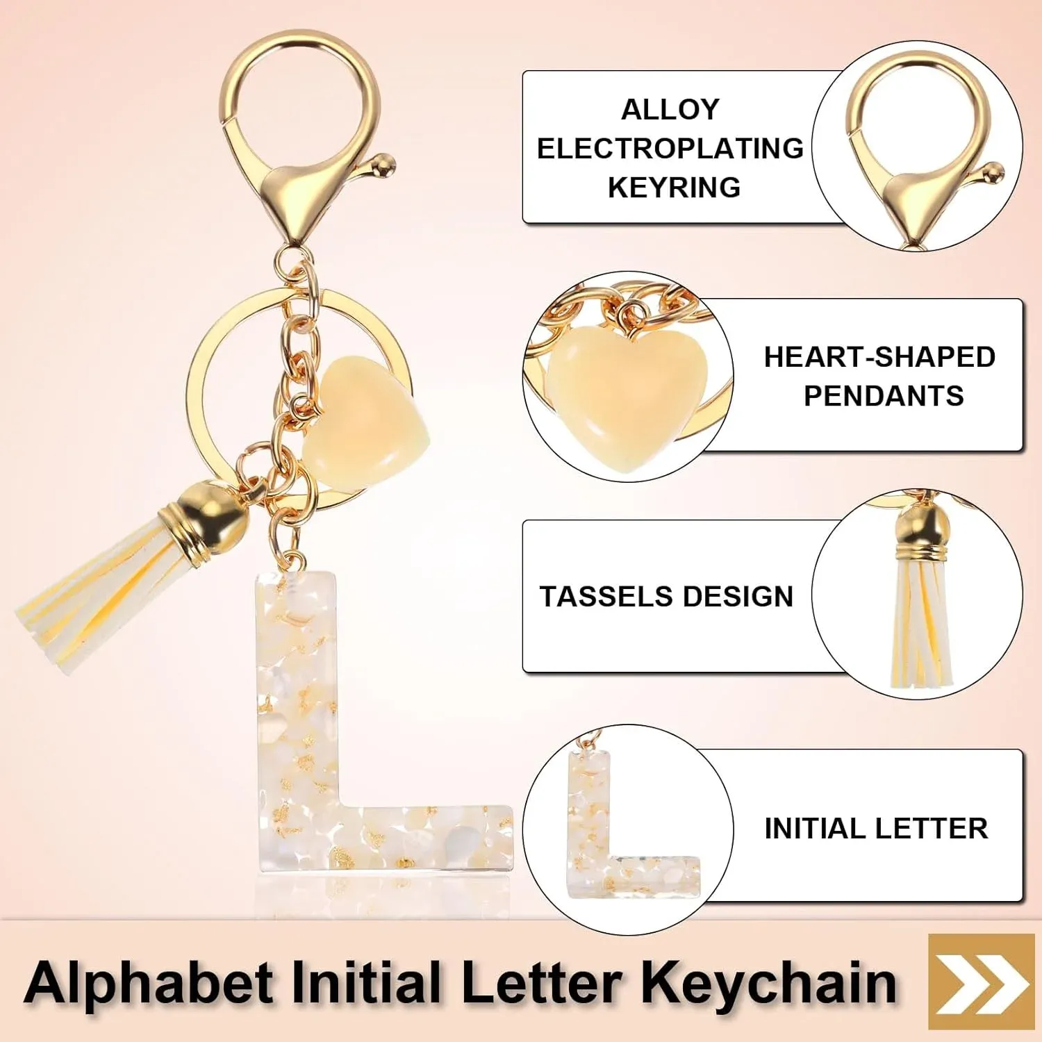 Initial Letter Keychain Charm with Tassel and Lobster Clasp for Bags and Keys, Cream Gold L Pendant, Daily Comfort Use — image 3