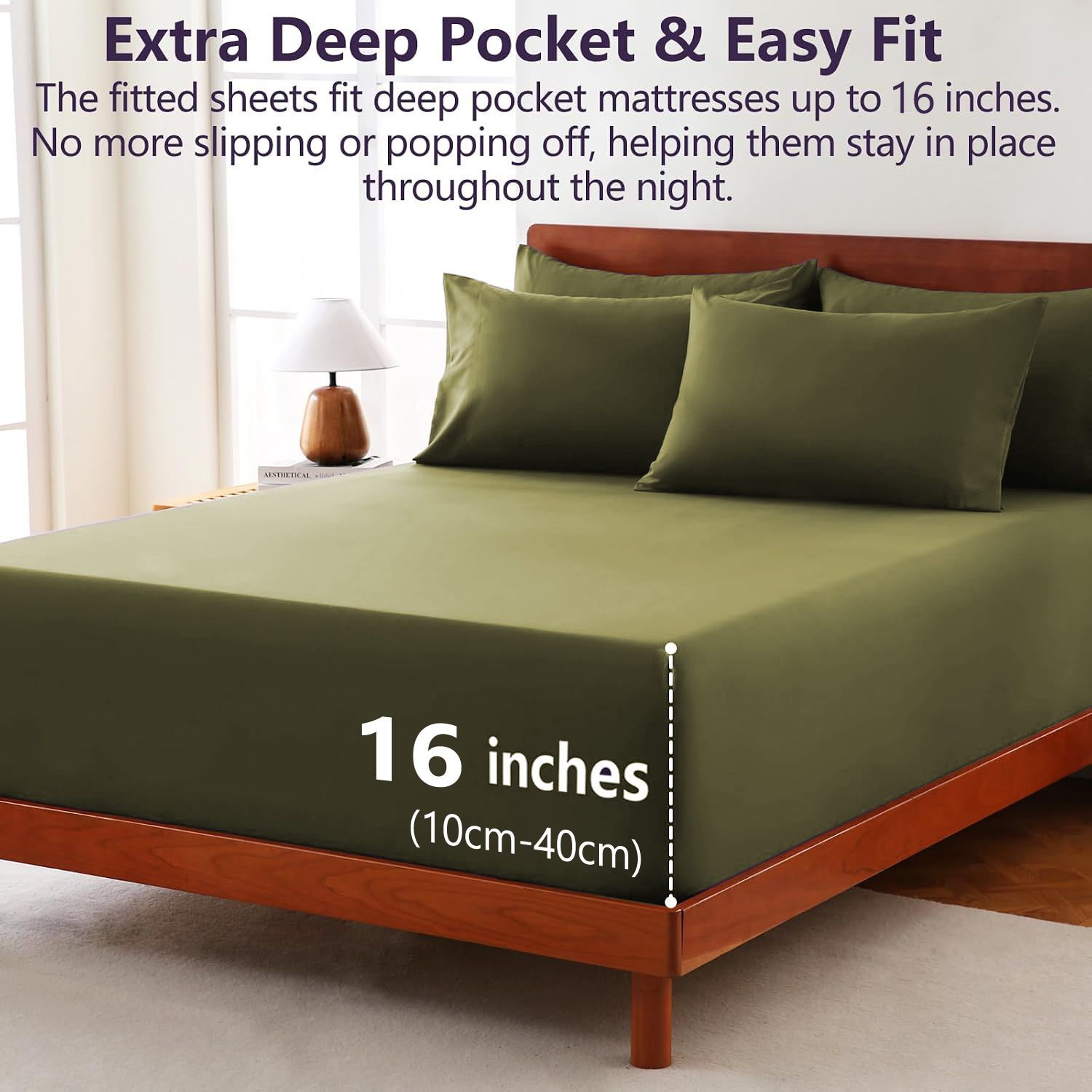 Hotel Soft Bed Sheet Set- Bedding Sheets & Pillowcases -Breathable Bedding - Wrinkle, Fade, Stain Resistant-Deep Pocket Flat Fitted Bed Sheet Set(Olive — image 2