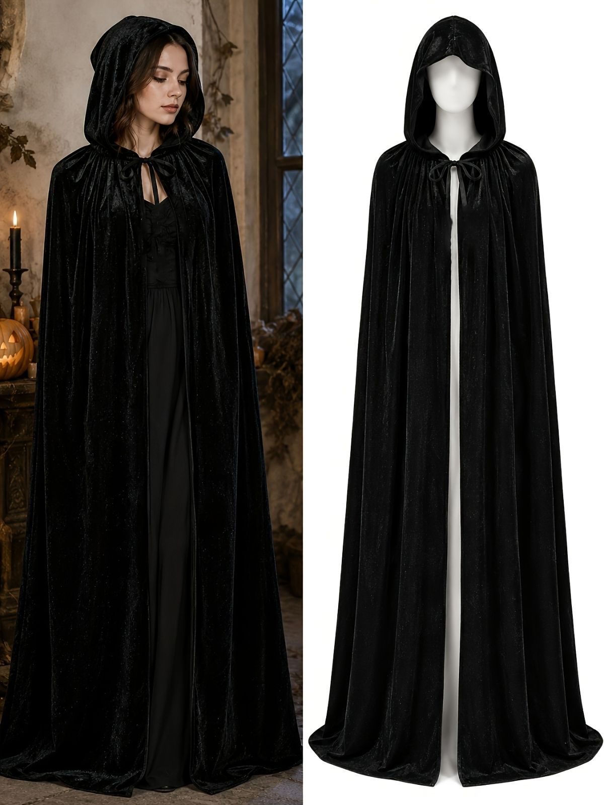 Black Velvet Cape Hooded Cape Cosplay Cape Halloween Costume Cape Party Cape - Black - Size XXL — image 2