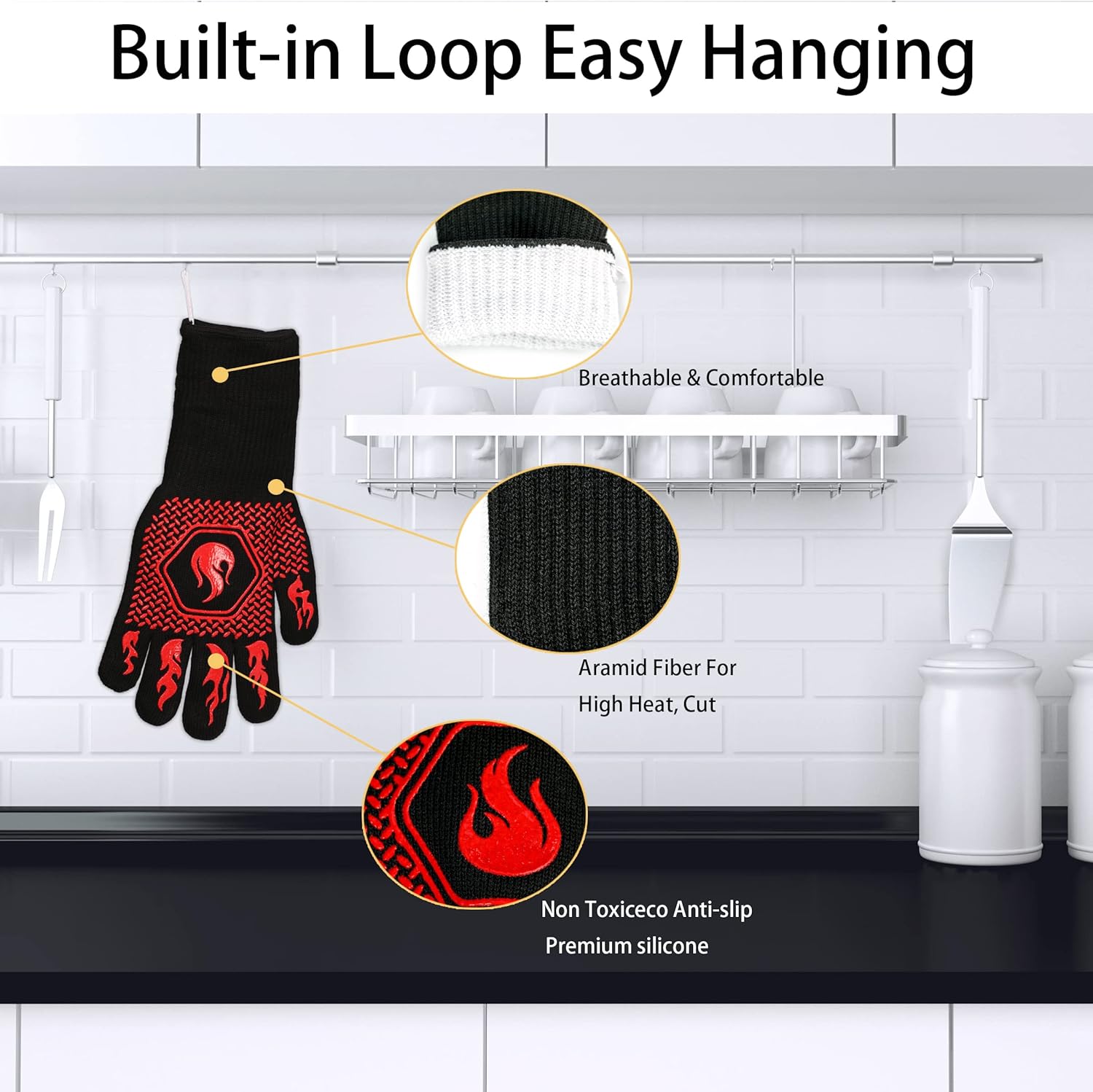 BBQ Fireproof Gloves, Grill Cut-Resistant Gloves 1472°F Heat Resistant Gloves, Non-Slip Silicone Oven Gloves, Kitchen Safe Cooking Gloves for Oven — image 3