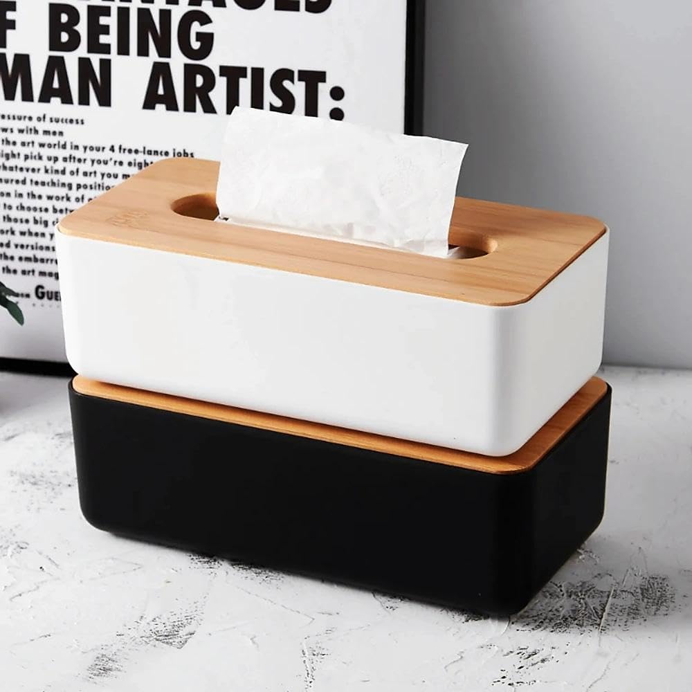 Tissue Box Holder with Bamboo Lid for Bathrooms, Bedrooms and Living Rooms, Refillable Rectangular Organiser for Paper Tissues, Black โ image 6