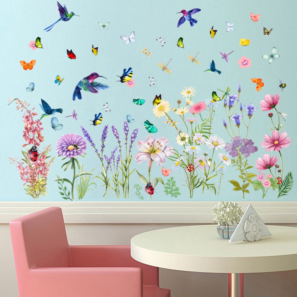 Wall sticker - Flowers/Butterfly/Bird - Reusable/Repositionable - Children's room - Boys - Girls - Home decor - Colorful Wall Sticker - for living room baby — image 3