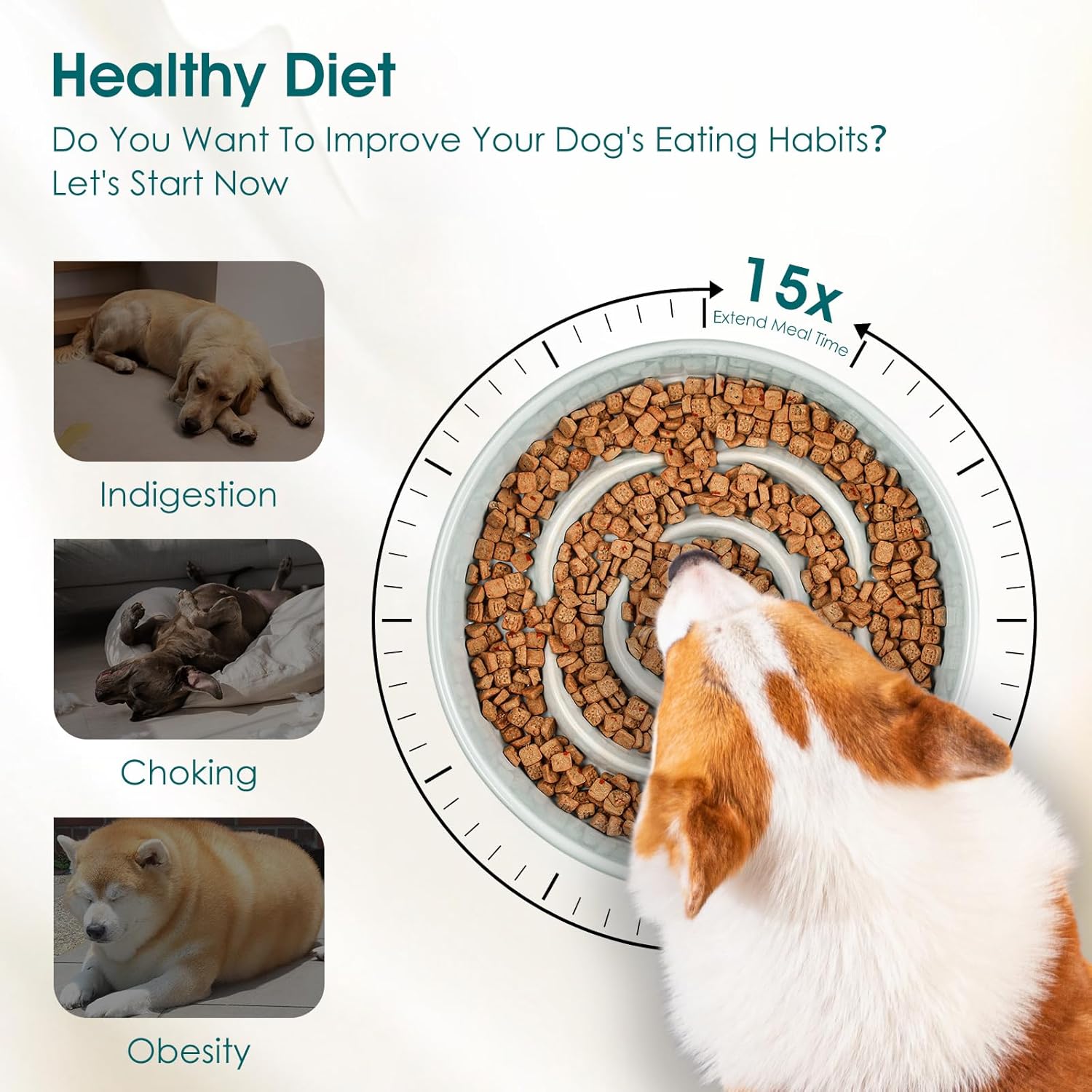 Slow Feeder Dog Bowl, 1.5 Cups Ceramic Dog Food Dish for Fast Eaters Small Breed, Puzzle Bowl for Small Dogs and Cats, Grayish Cyan — image 3