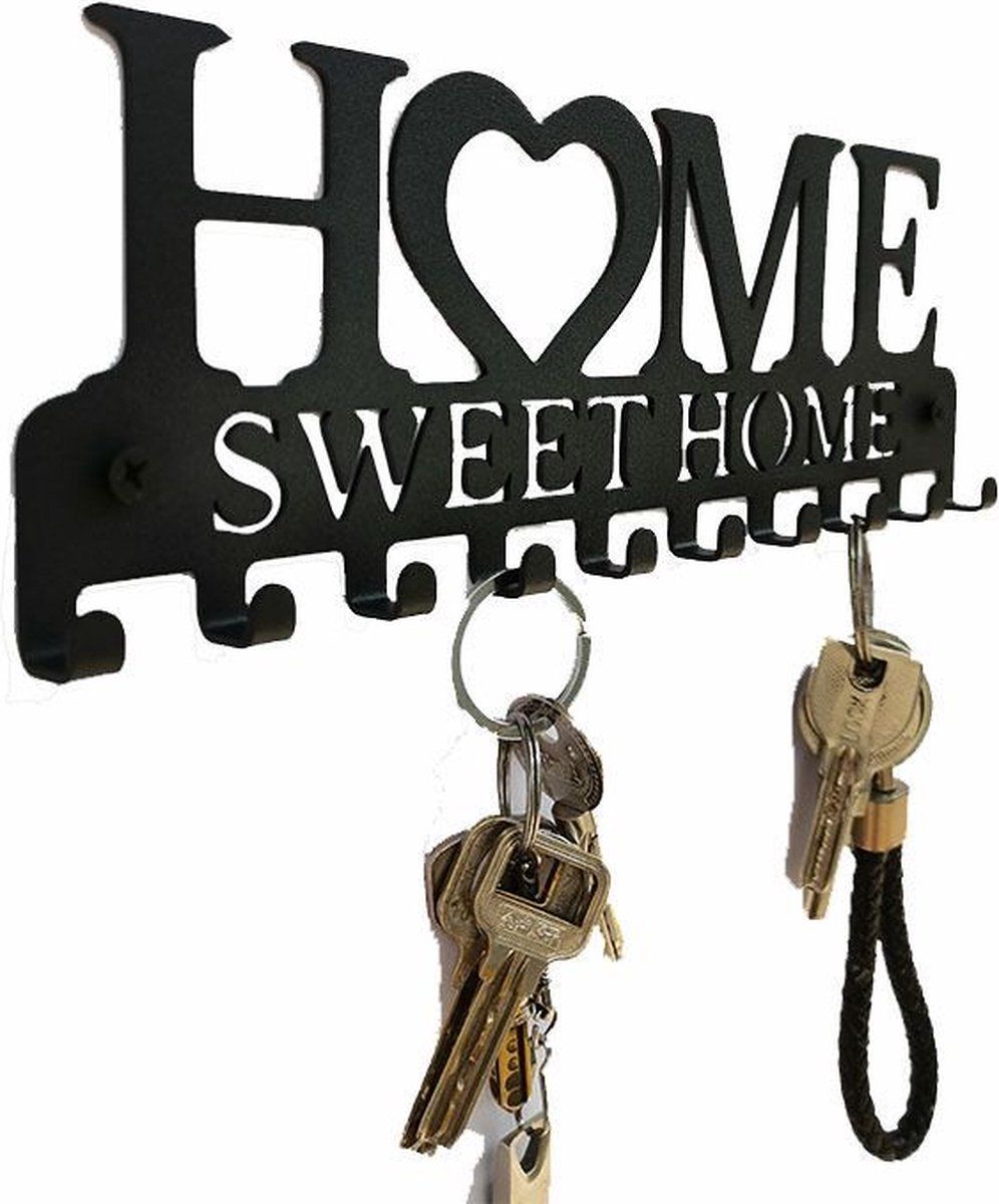 10-Hook Black Metal Key Rack, Vintage Home Sweet Home Wall Organizer