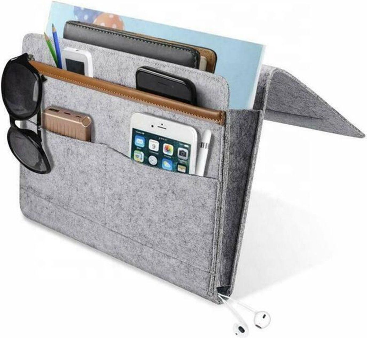 Grey Felt Bedside Caddy with Multiple Pockets, Bed and Sofa Organizer for Tablets, Books and Accessories