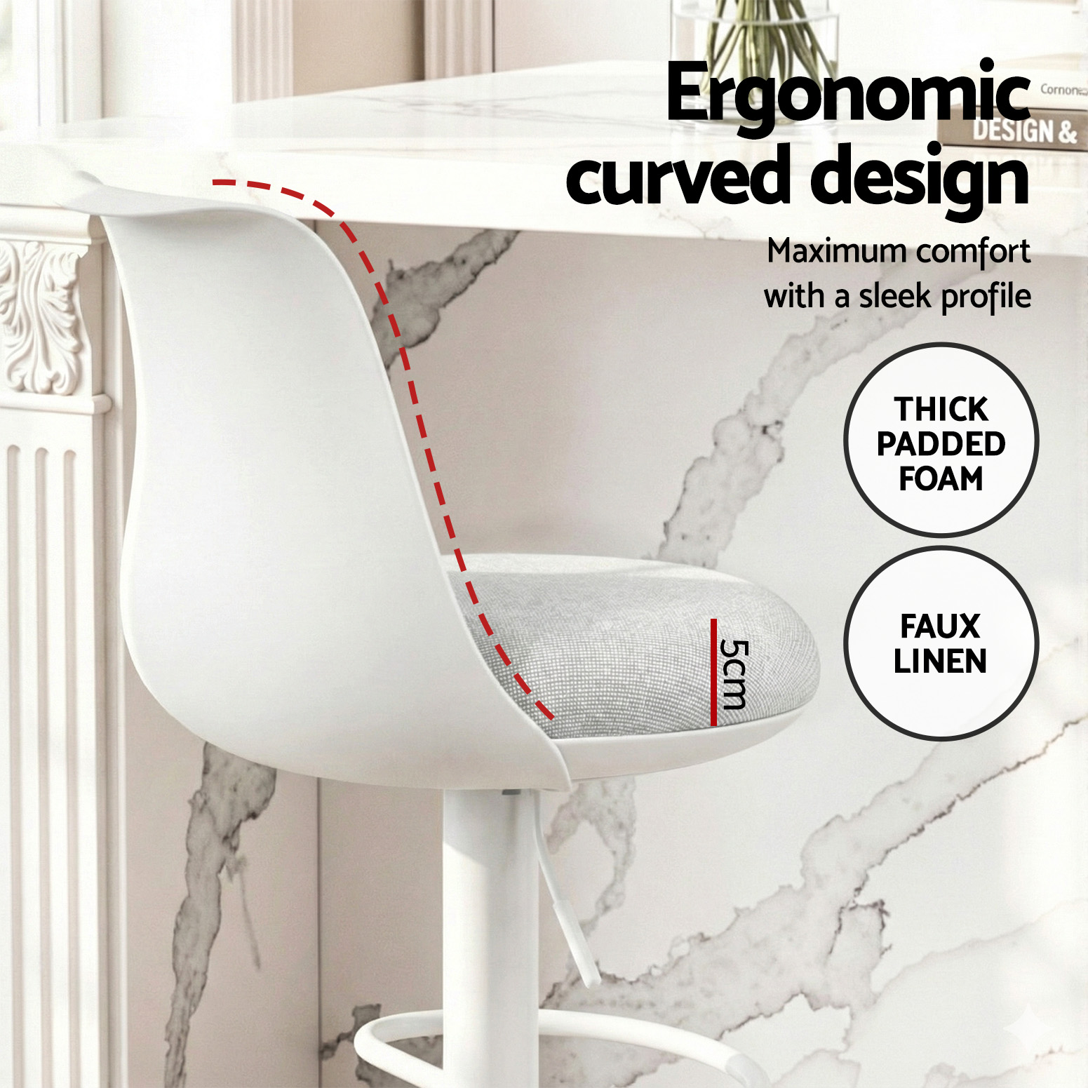 Artiss 2x Bar Stools Kitchen Swivel Gas Lift Counter Dining Chair Curved White — image 5