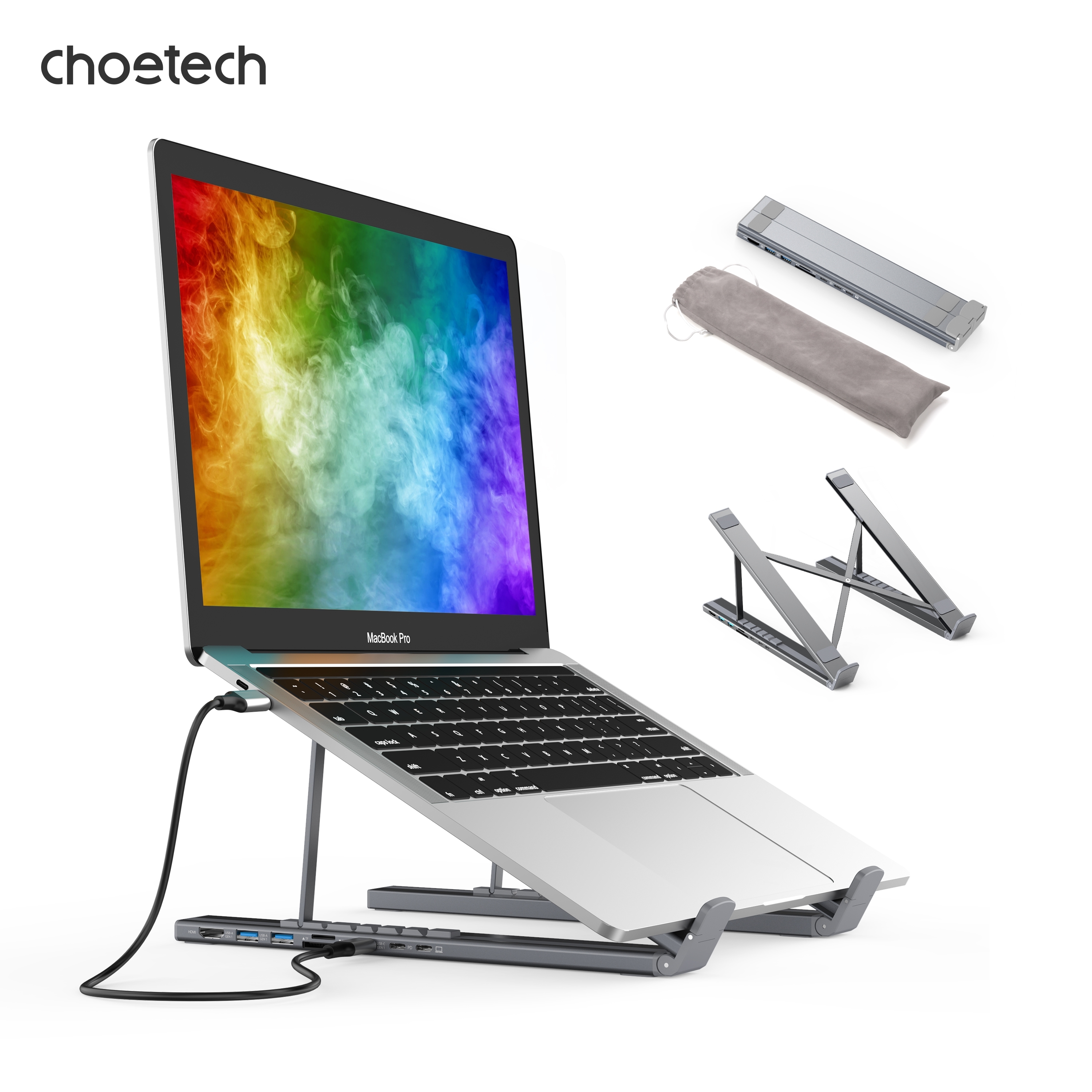 CHOETECH HUB-M48 7-in-1 Hub + Foldable Laptop stand USB-C to HDMI 4K/USB-A/TF&SD/USB-C with PD Charging — image 3
