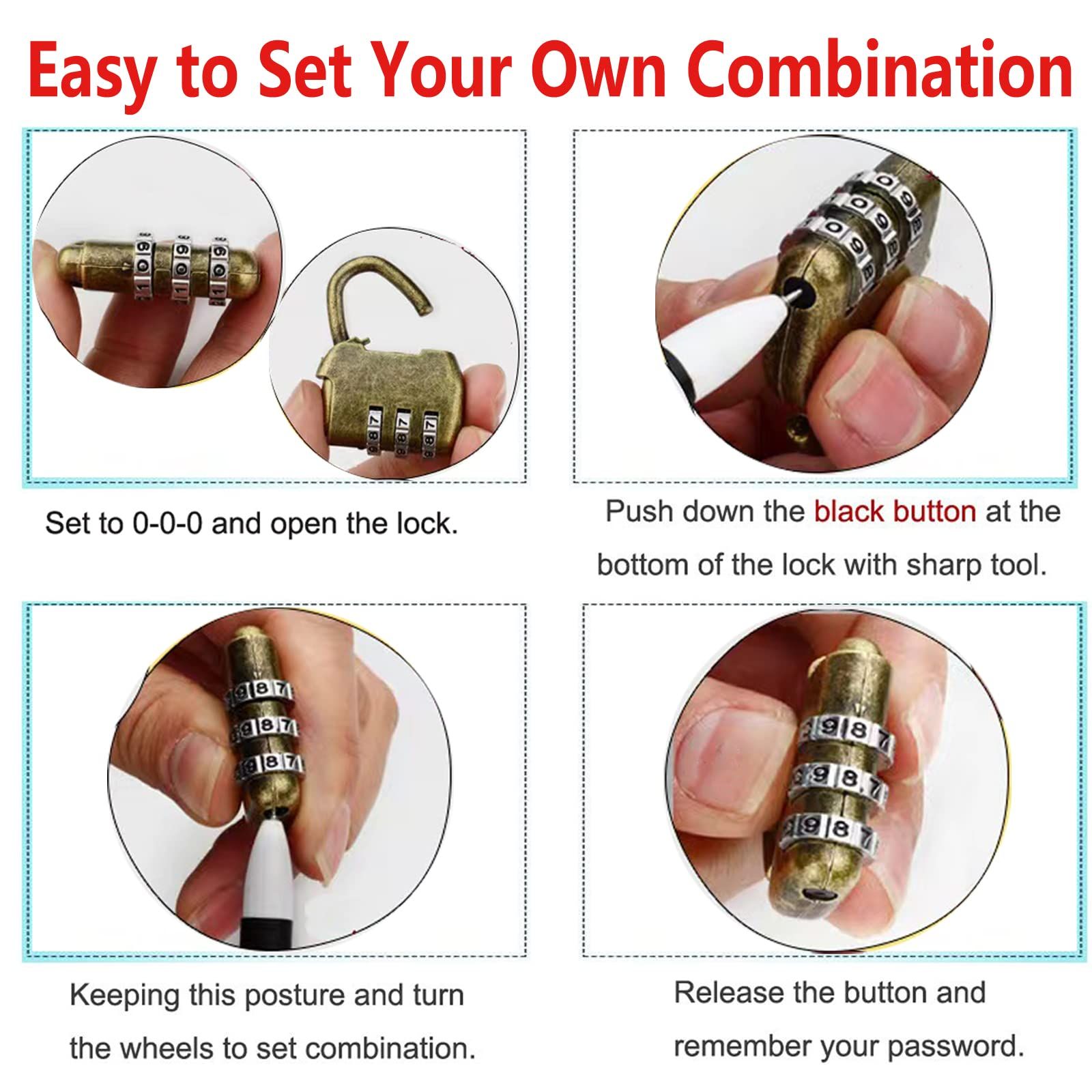 Vintage Antique Style 3 Digit Combination Lock Mini Bronze Password Padlock Small Metal Padlock Archaize Style Lock,Pack of 3 — image 4