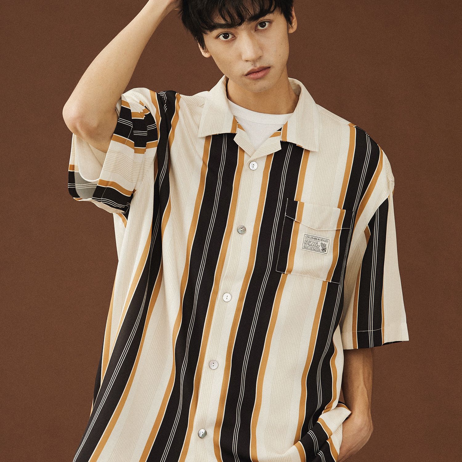 Men Short Sleeve Shirt American Style Stripe C125 Brown L โ image 4