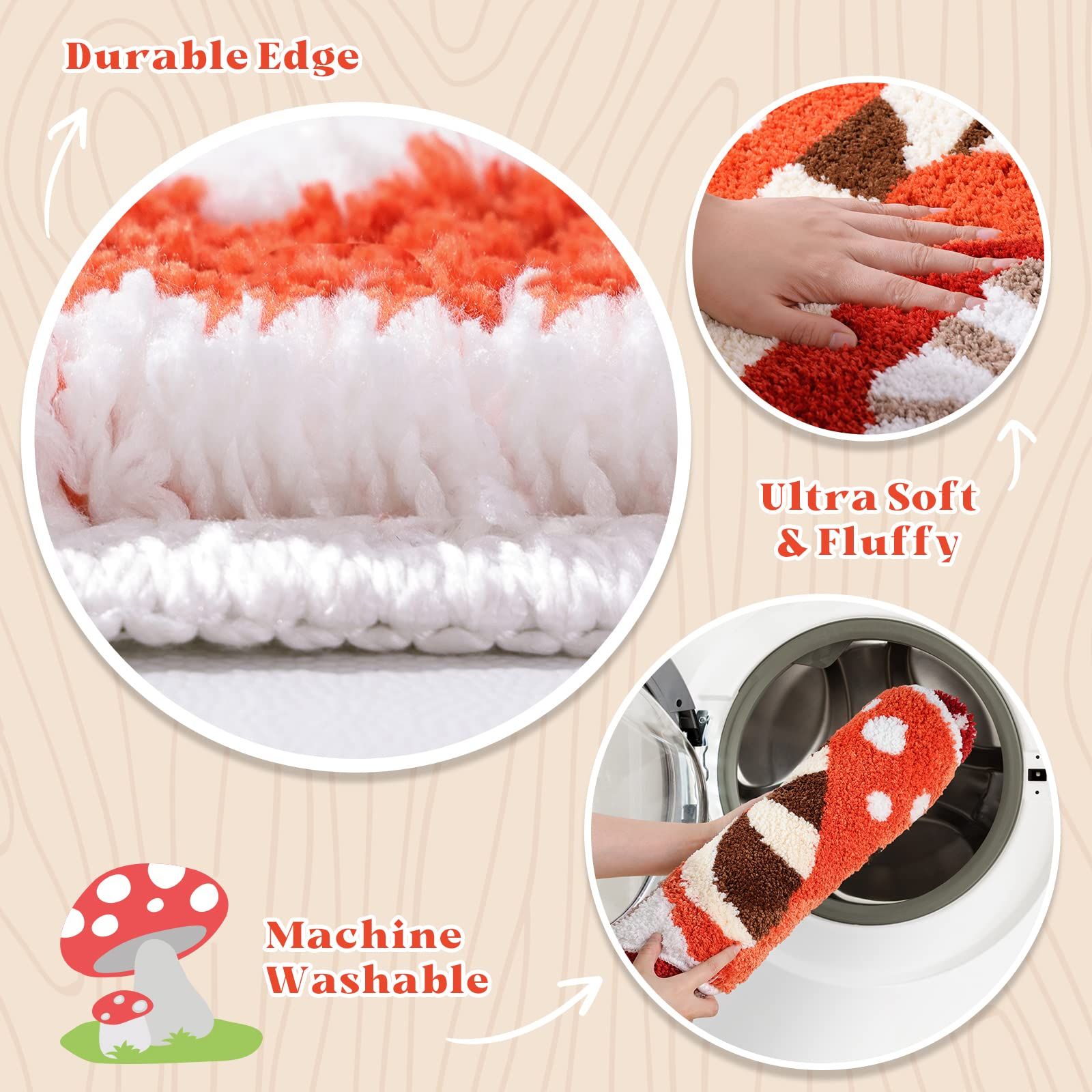 Bathroom Rugs Cute Bath Mat Non Slip Red Mushroom Bath Rug for Women Kids and Girls Strong Absorbent Soft Washable Bath — image 4