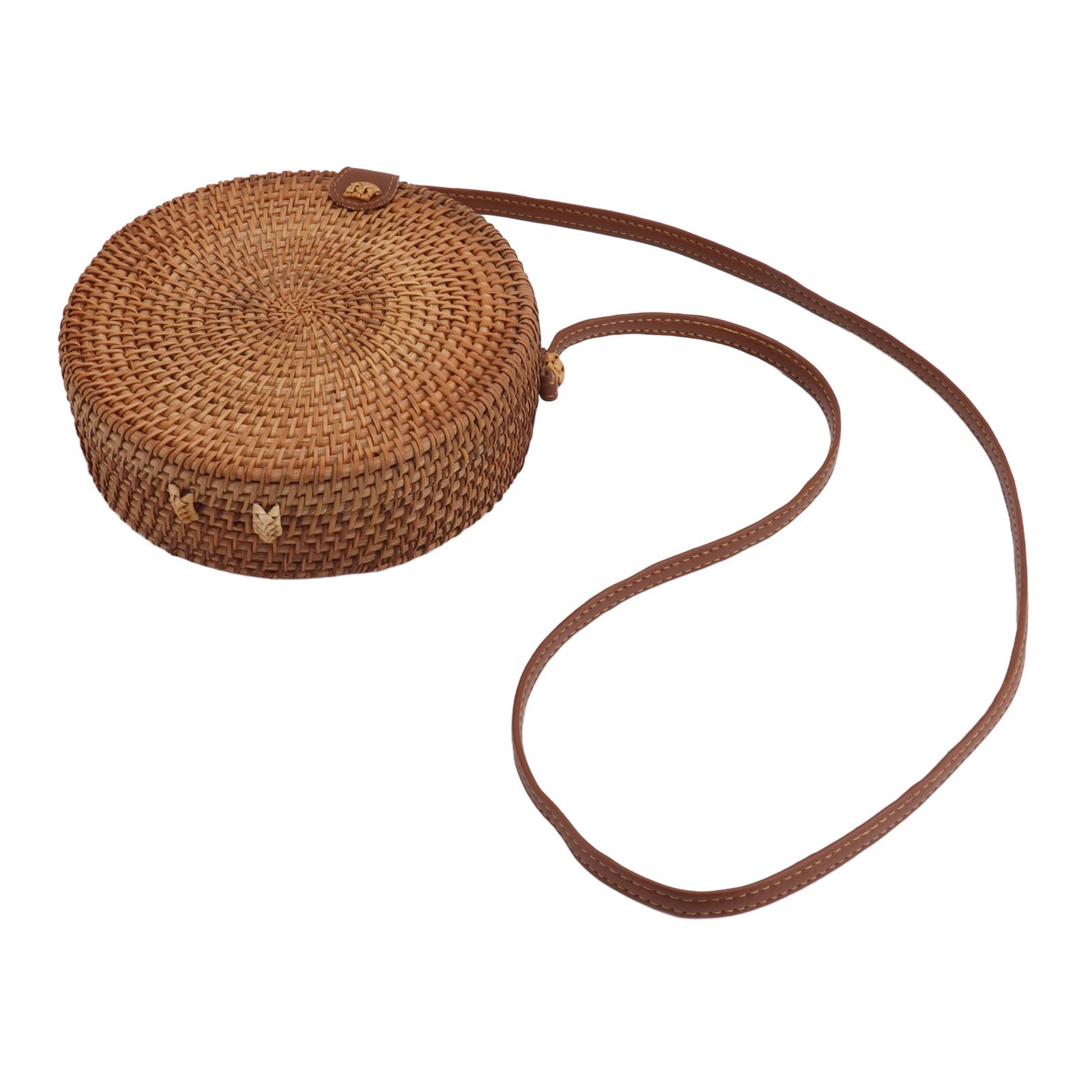 Handwoven Round Rattan Bag Tropical Beach Style Woven Shoulder Rattan Bag with Leather Strap 20cm Diameter Plain Colour Leather Buckle with Lining โ image 5