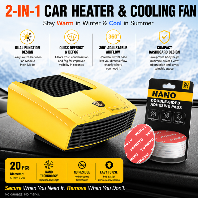 Yellow Compact 360° Adjustable Car Heater Fan with 20PCS Removable Nano Double Sided Adhesive Pads - Fast Defrost & Demister, Dual Mode Heat & Cooling Fan
