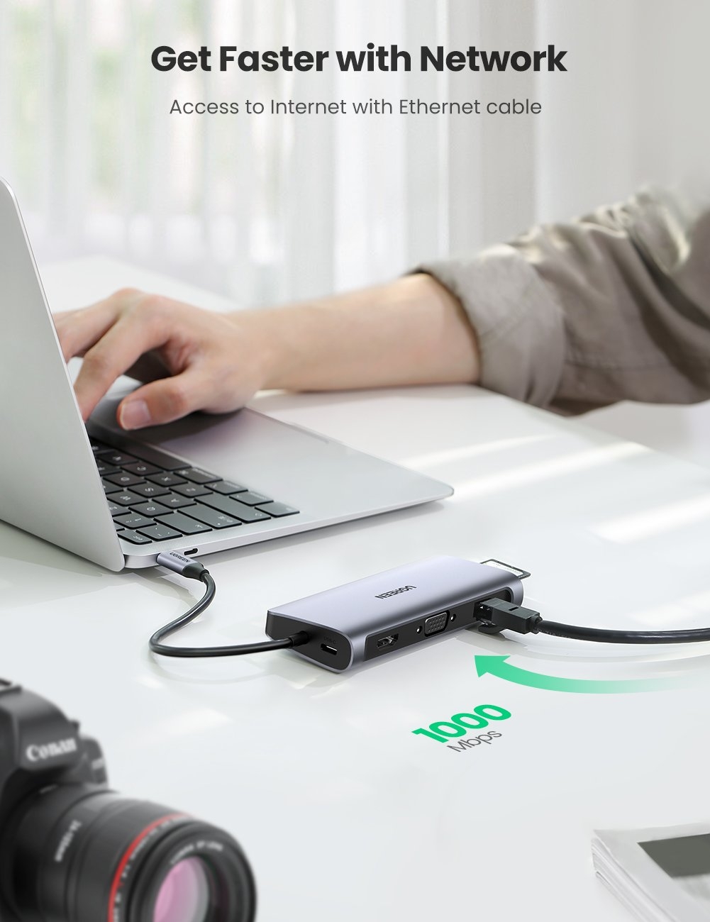 UGREEN USB-C To 3*USB 3.0 A+HDMI+VGA+RJ45 Gigabit+SD/TF+AUX3.5mm+PD Converter Gray with PD 80133 โ image 3