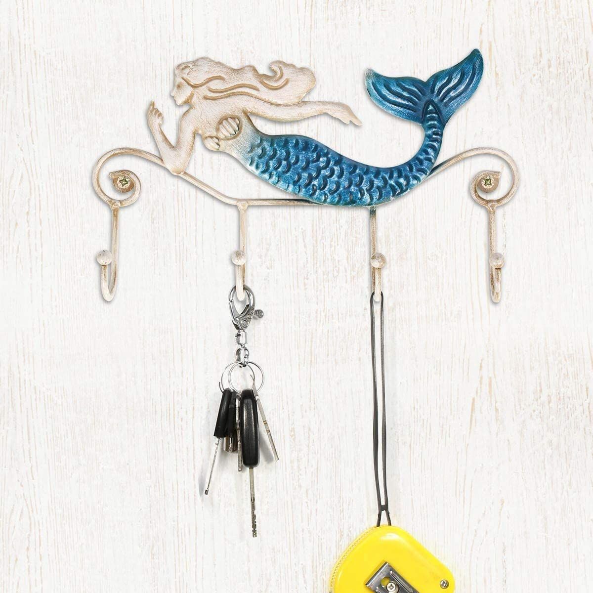 Wall Mounted Key Holder Iron Mermaid Wall Decoration 4 Hooks for Coats Towels Bags Wall Mount Clothes Holder Screws Included — image 3