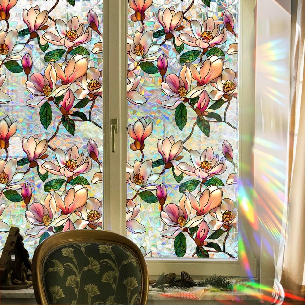 Retro Magnolia Flowers Window Privacy Film,Stained Glass Decals Colorful Floral Privacy Rainbow Decals Living Room Sun Blocking Decor Removable Static Cling — image 3