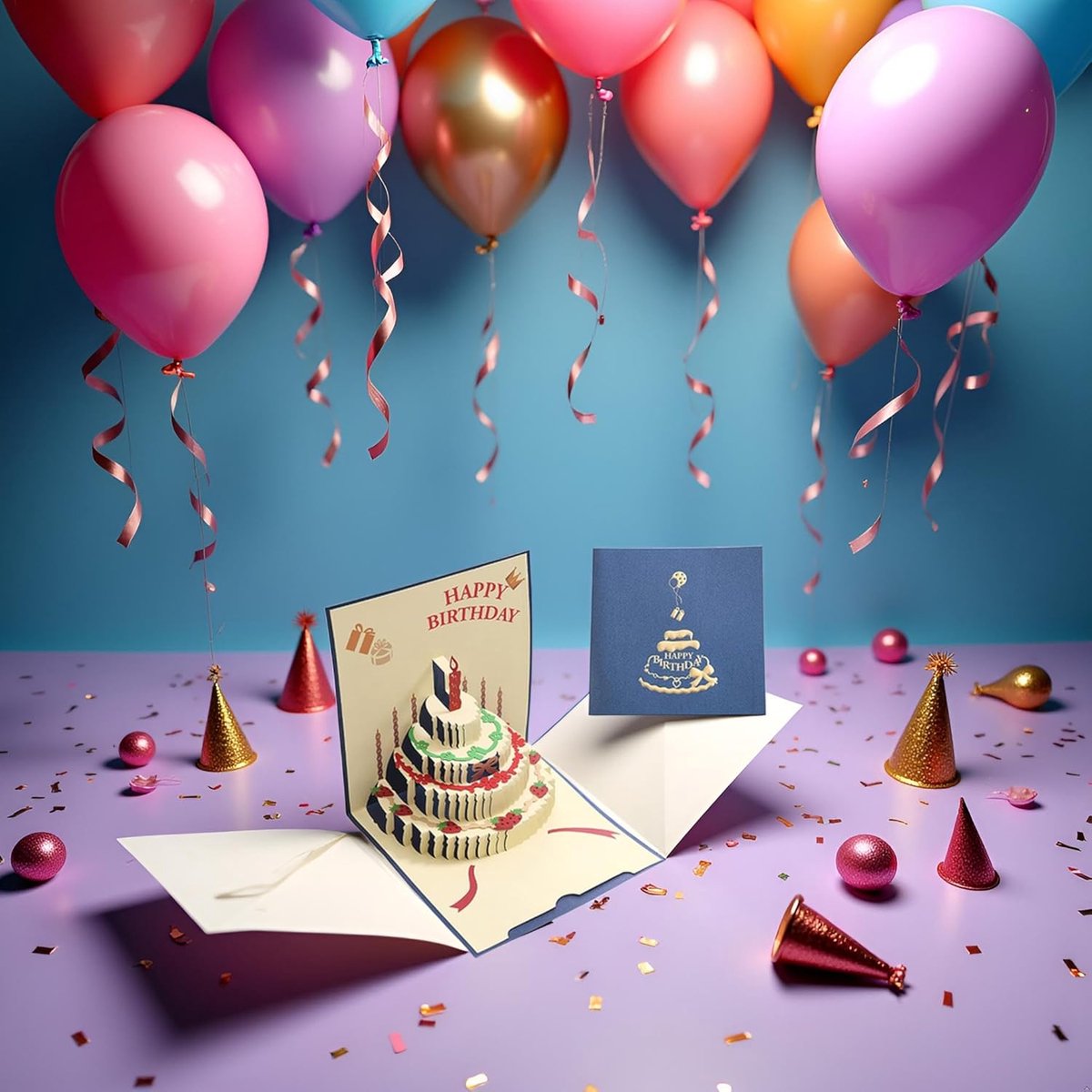 10 pcs Greeting cards - Blue pop-up birthday cake card - 3D birthday card - Pop-up cards - Cake greeting cards - Postcards - Perfect for a friend, wife — image 3