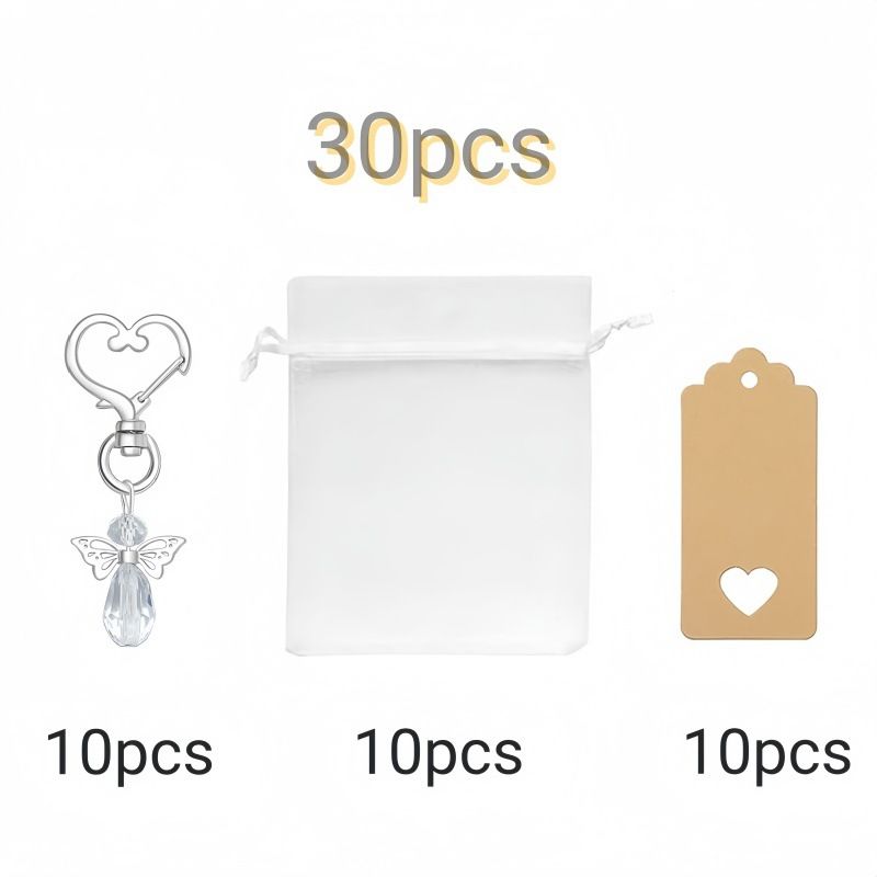30-Piece White Guardian Angel Keychain Favor Set – Crystal Angel Wings Keyrings with Kraft Tags & Organza Bags for Weddings, Christenings and Party Gifts — image 2