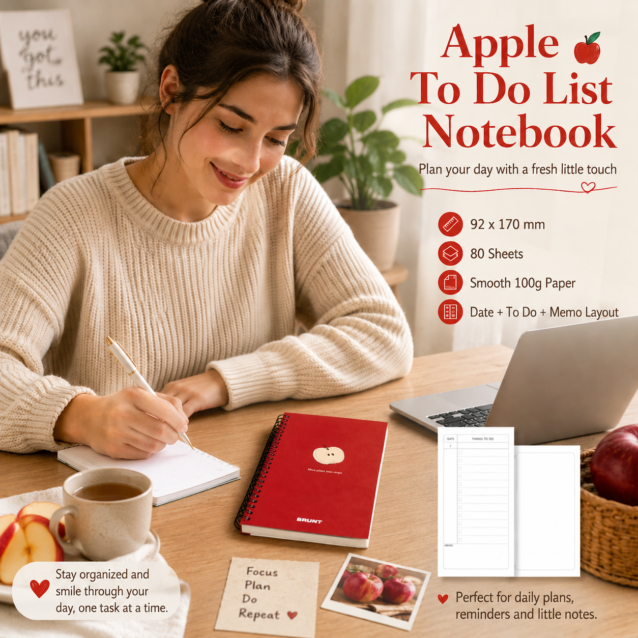 Fruit Series To Do List Notebook (Apple) โ Spiral Bound Journal with Cute Fruit Cover, 80 Sheets, Portable Planner for Daily Notes, Study, Office and Personal โ image 2
