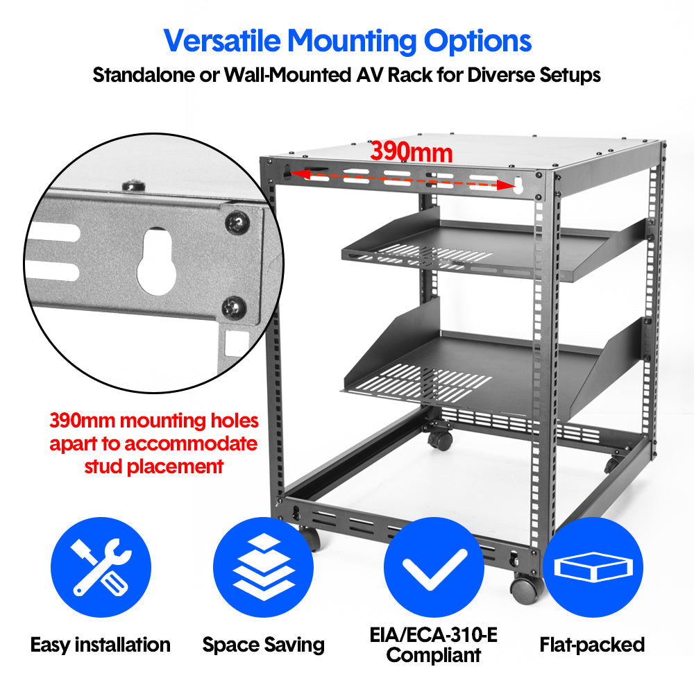Alston 12U Open Frame Server Rack Hifi Device Rack with Vented Shelves Heavy Duty 4-Post AV/IT Network Rack Free Standing with Lockable Casters โ image 3