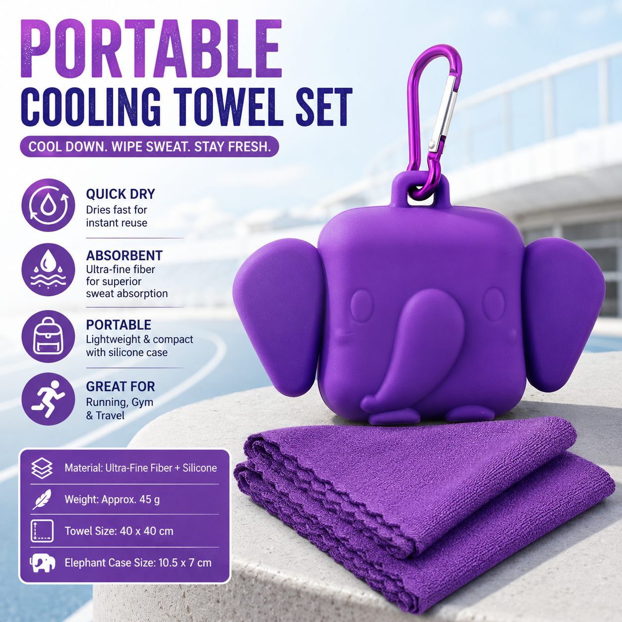 Purple Portable Quick Dry Towel with Elephant Storage Box - Microfiber Cooling Sports Sweat Towel with Silicone Case for Gym Swimming Travel