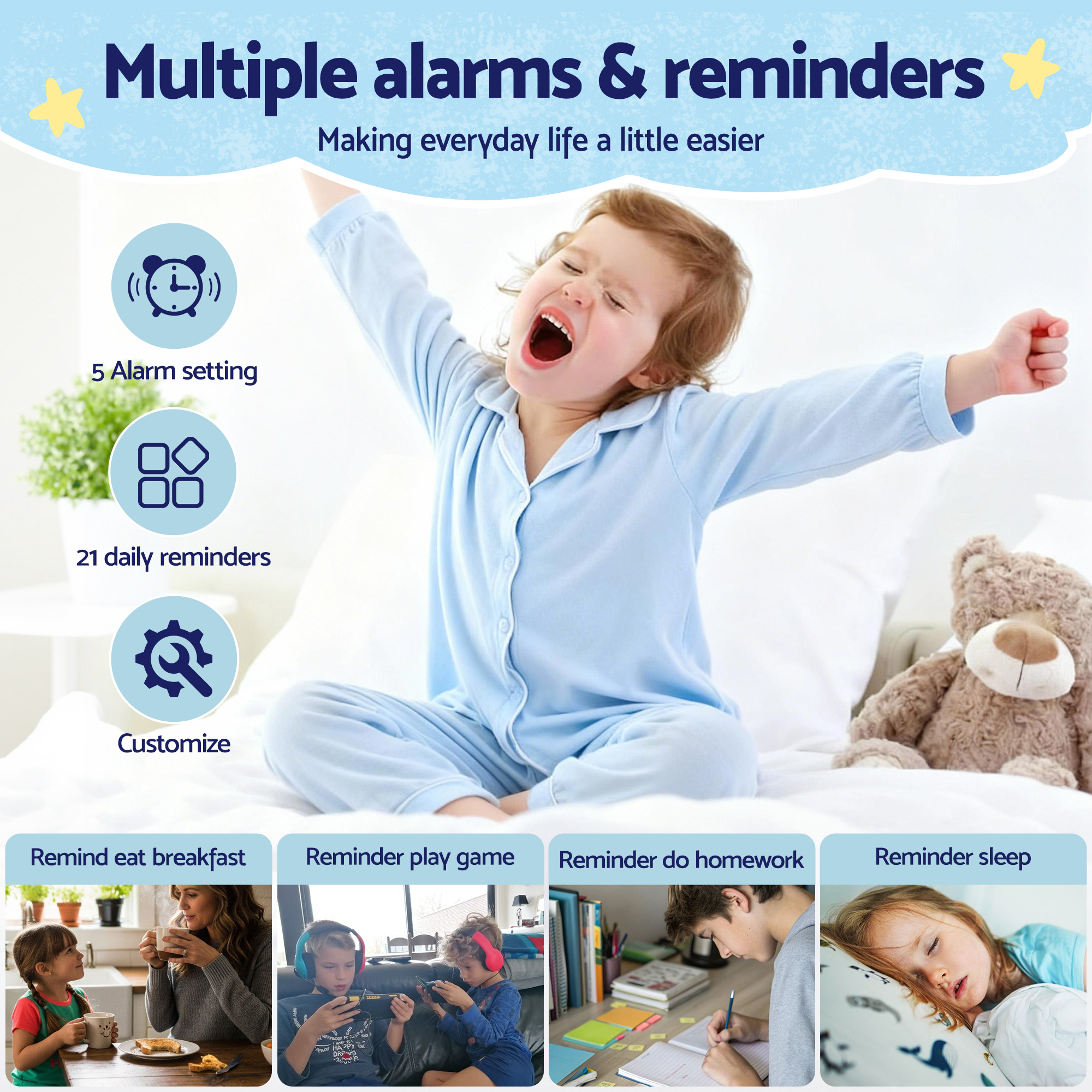 Artiss 7" Digital Day Clock Calendar Alarm LCD Children Sleep Trainer Clocks Blue — image 6