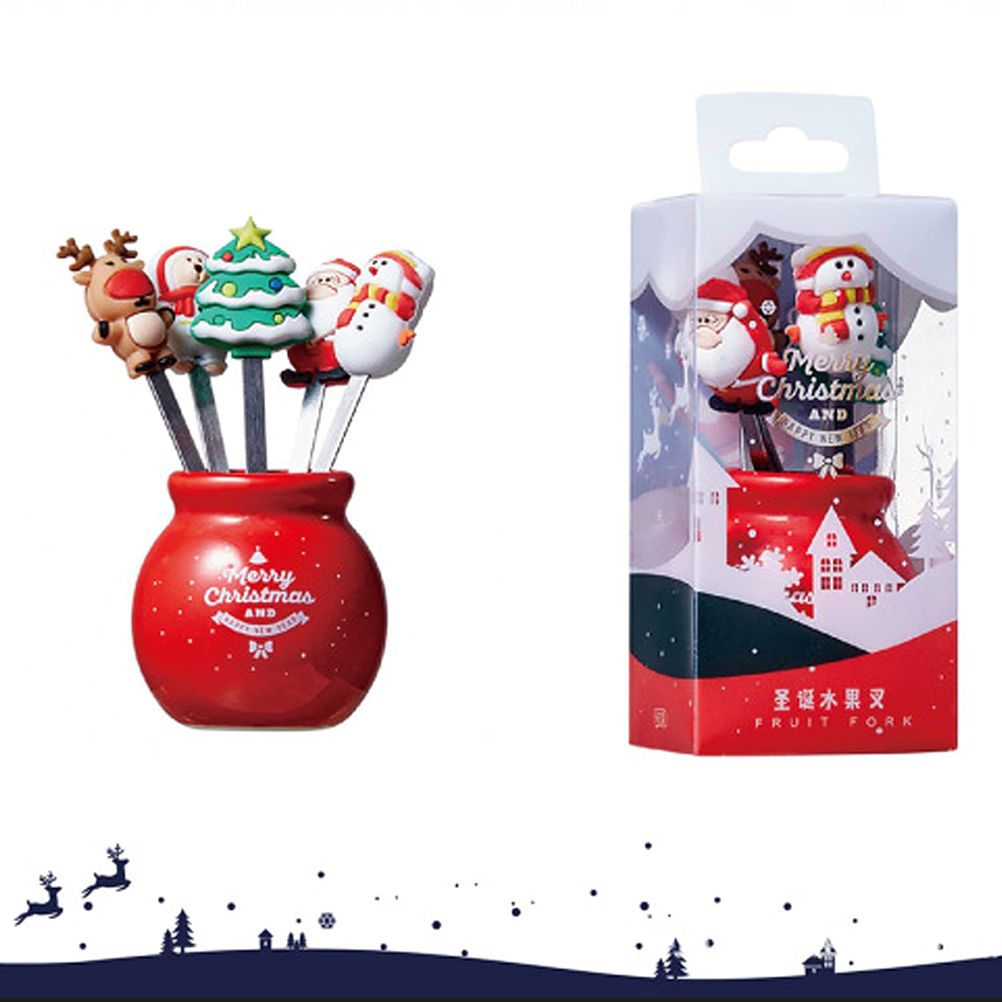 Christmas Silicone Fruit Fork Salad Fork Stainless Steel Children s Food Fork with Ceramic Cup Holder Reusable Fruit Fork Christmas Gift โ image 3