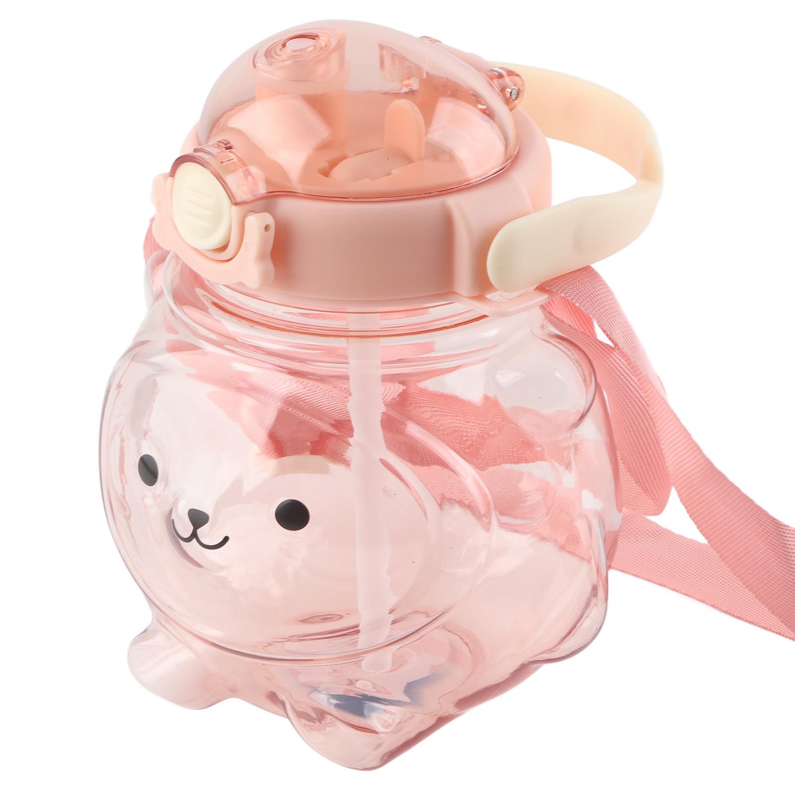 Large Water Bottle 1000ml Cartoon Bear Shape Portable Drinking Bottle with Straw Strap for Summer Pink — image 3