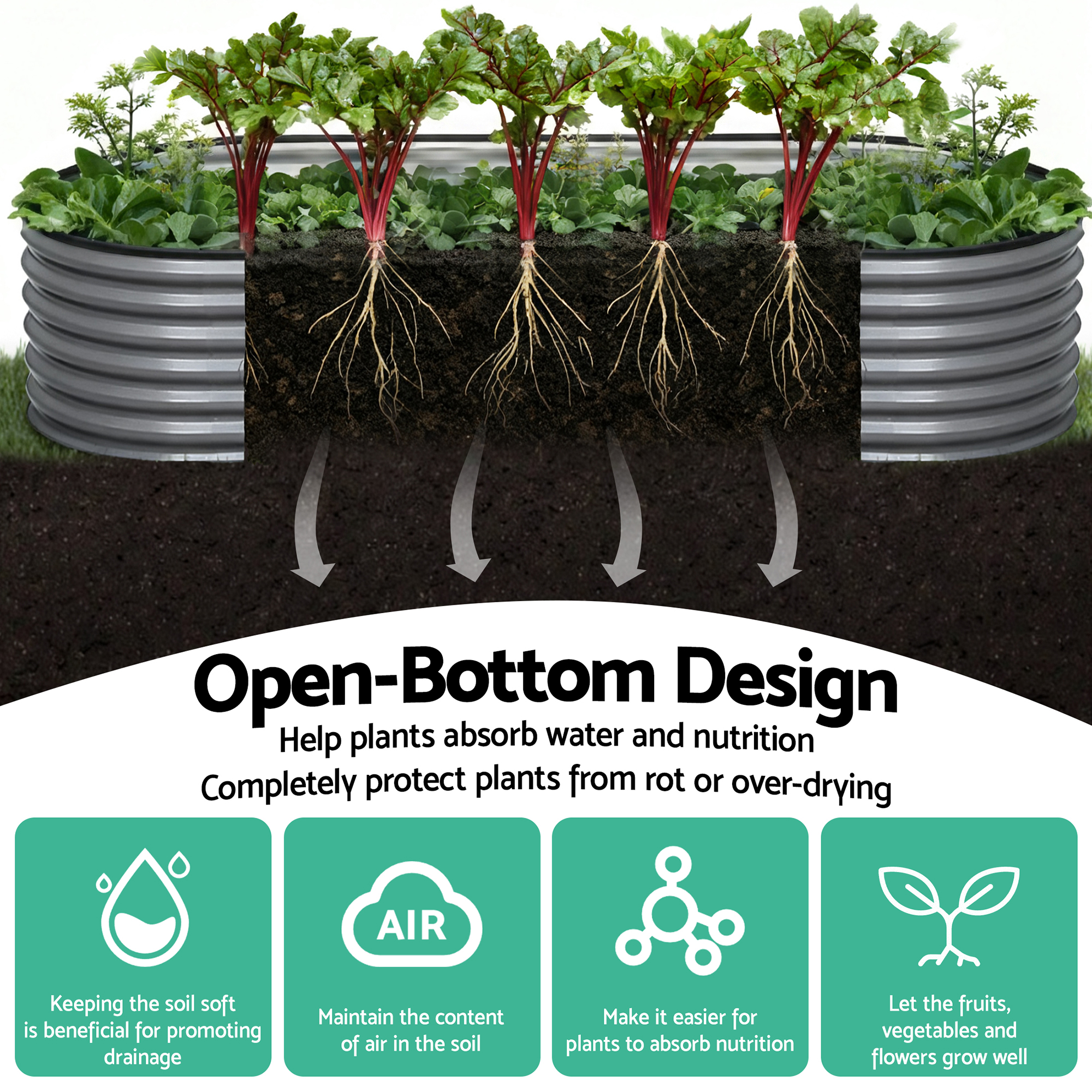 Green Fingers 4 Pcs Raised Garden Bed Kit Oval Galvanized Steel Planter Boxes 320x80x56cm, Heavy Duty Metal Elevated Garden Bed for Vegetables — image 3